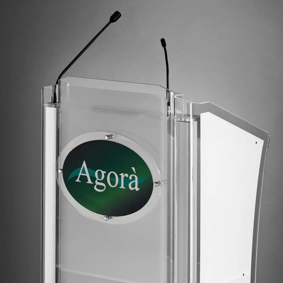 Podio Relatore in Plexiglass Trasparente con Microfoni – Leggio Professionale per Conferenze, Eventi e Chiesa, Pulpito Moderno con Targa Personalizzabile Rotonda, Quadrata o Ovale