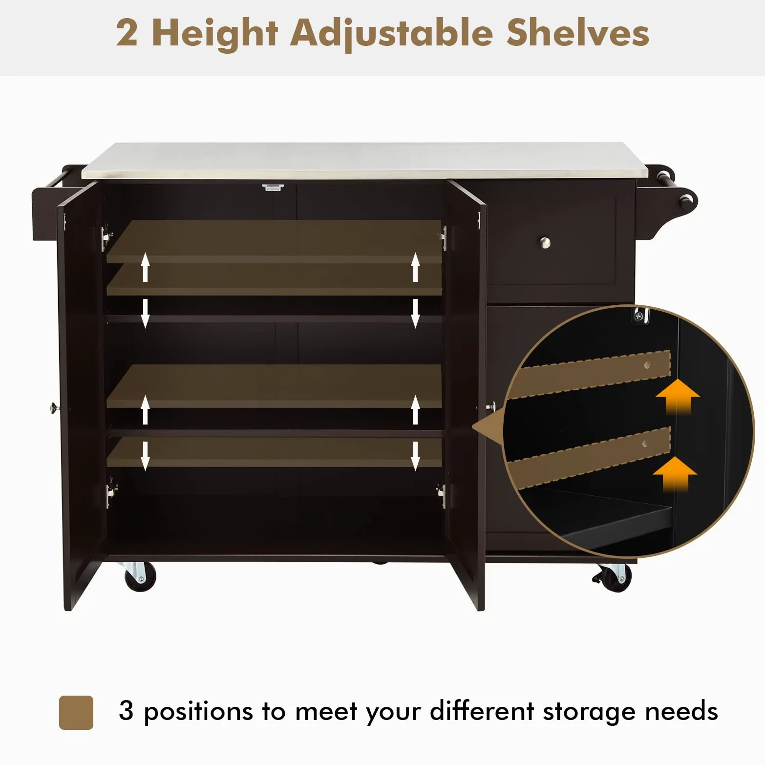 KOMFOTTEU Isola da Cucina Mobile con Piano di Lavoro in Acciaio Inox, Carrello da Cucina con 3 Cassetti & Porta Asciugamani & Ripiano Regolabile, Armadio da Cucina su Ruote, Carrello da Cucina 135 x