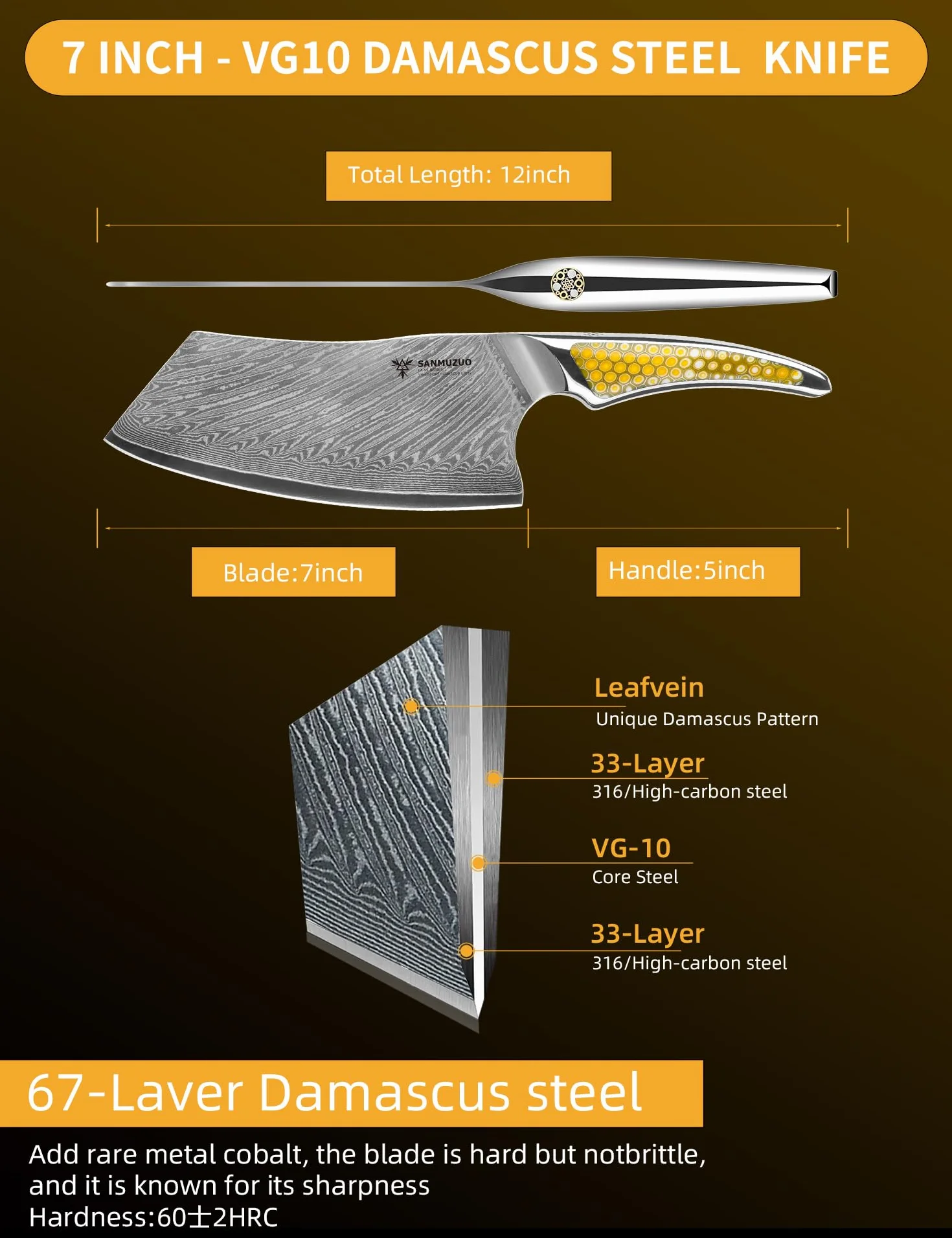 Coltello Nakiri da 18CM, coltello da carne giapponese in acciaio damasco VG-10, coltello da verdura ultra affilato con impugnatura a codolo intero in resina Giallo, serie LA-S9