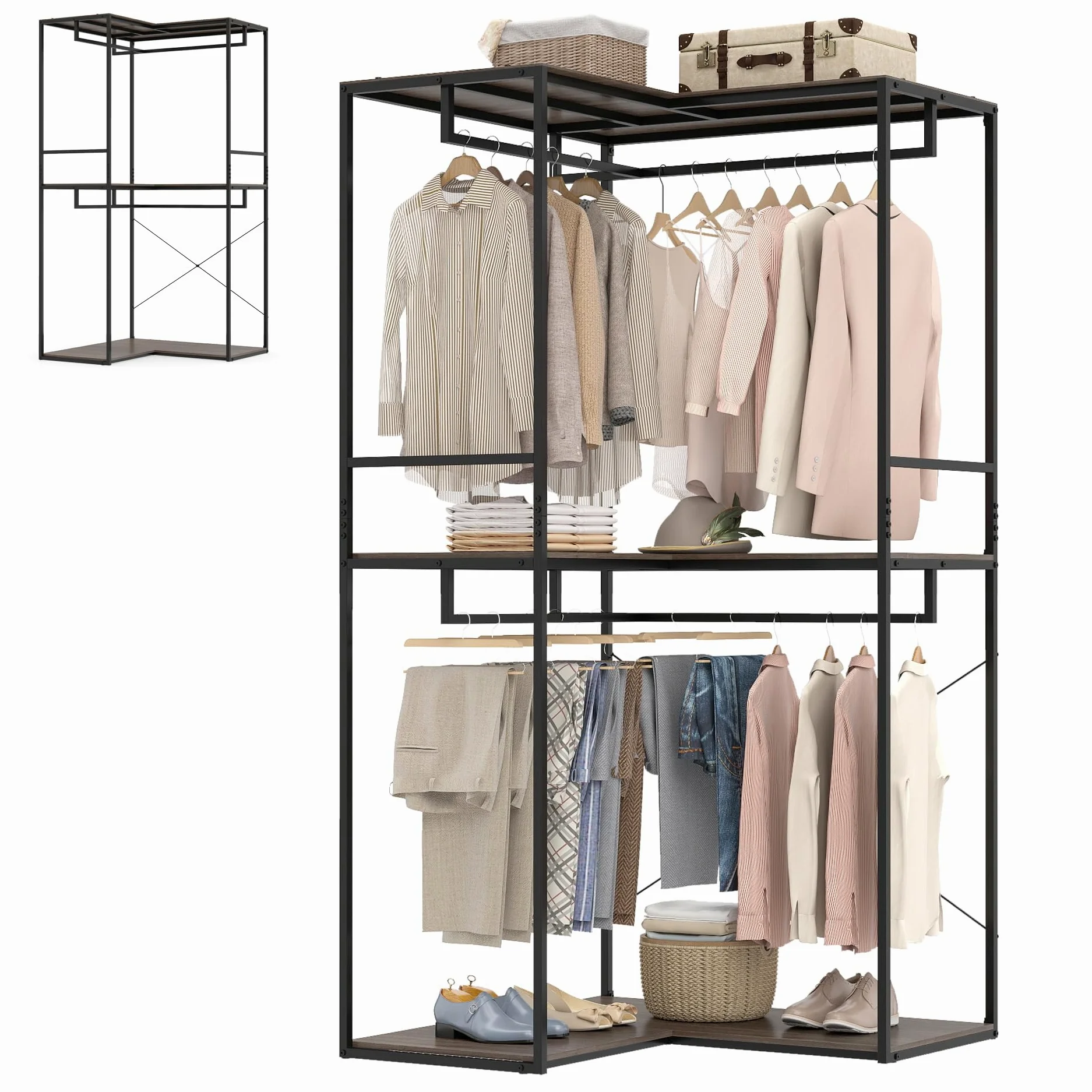 HOMASIS Stand Appendiabiti Angolare, Attaccapanni da Terra con 3 Ripiani Aperti, 4 Barre Portabiti, Guardaroba Industriale con Struttura in Metallo per Ingresso e Camera da Letto, 100 x 100 x 200 cm