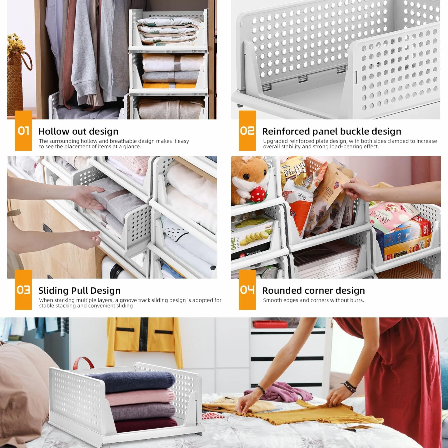Organizzatore per Guardaroba, 4 PZ Cestini Impilabili Grandi – 43x33,5x25cm, Contenitori in Plastica per Armadio, Casa, Ufficio, Lavanderia, Vestiti, Giocattoli, Cucina