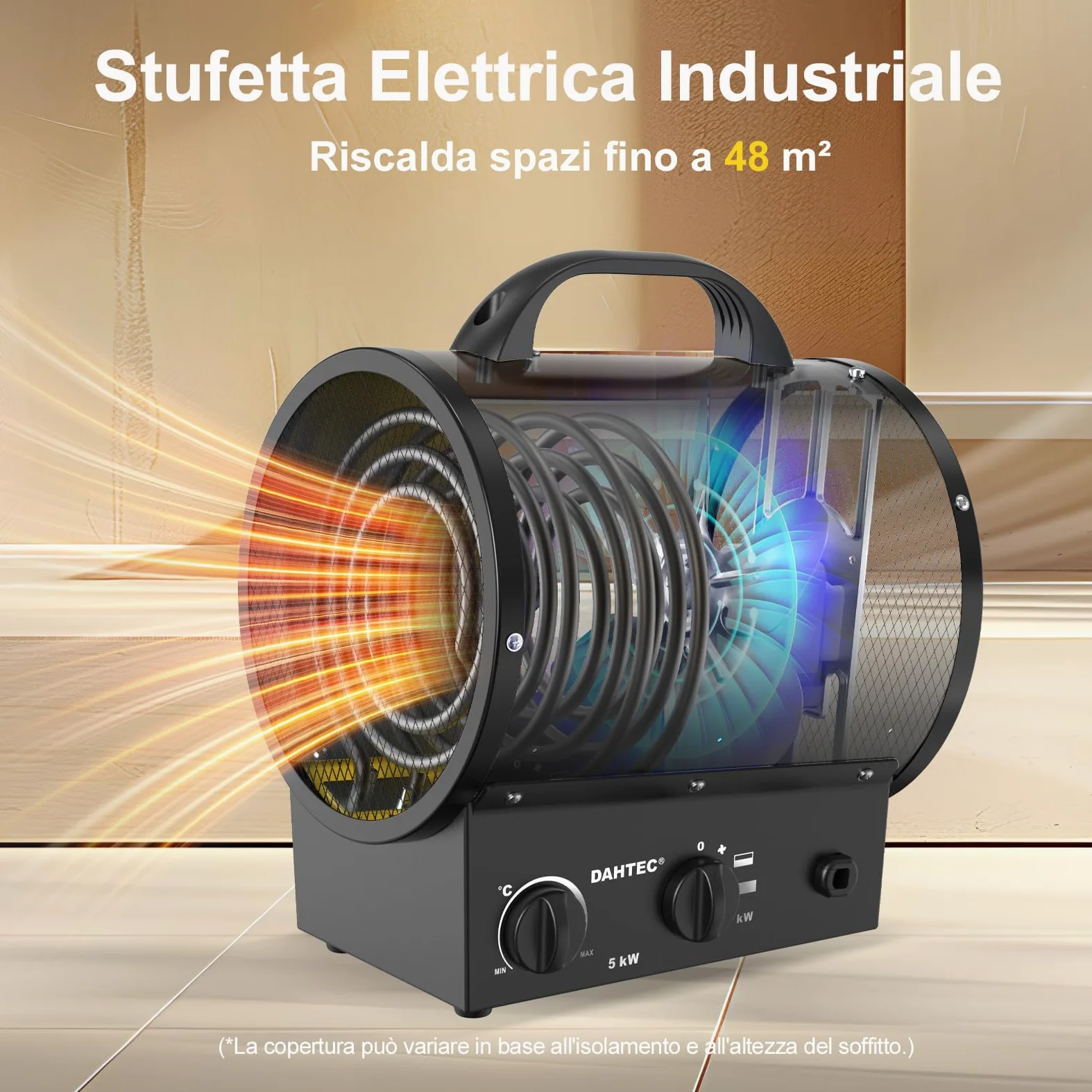 Termoventilatore 5000W - Stufetta Elettrica Portatile - Riscaldamento Industriale - Maniglia, Termostato e Protezione da Surriscaldamento (Nero)