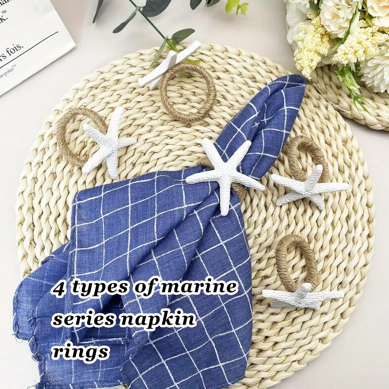 Set di 4 Portatovaglioli A Tema Oceano, Rustico In Stile Costiero Anelli Portatovaglioli In Juta, Stella Marina, Cavalluccio Marino, Conchiglia, Buccino per Cene, Feste, Decorazione Da Tavolo