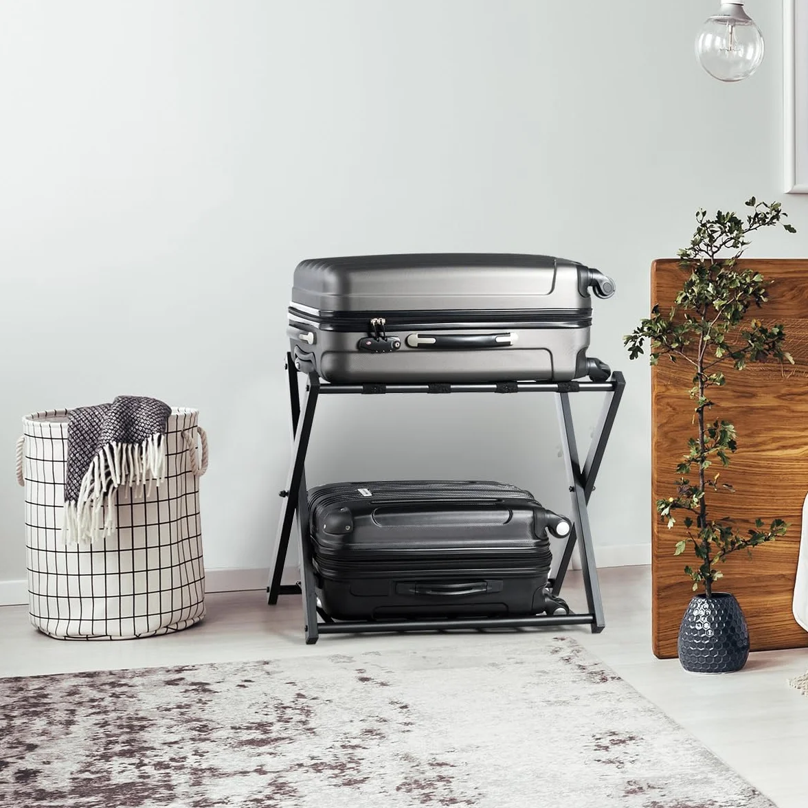 HOMASIS 2 Portavaligie Pieghevole 2 Sgabelli Reggivaligia in Metallo 68 x 43 x 56 Nero