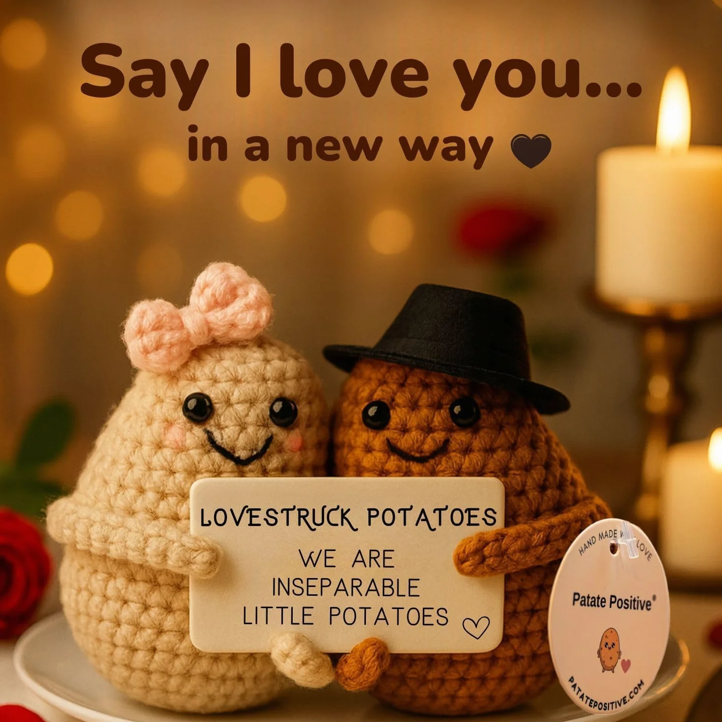 Coppia di Patate Positive, Giocattolo di Patate a Maglia Bambola Di Patate Bambole All'Uncinetto con Biglietto Regalo di Matrimonio San Valentino Anniversario per Coppie