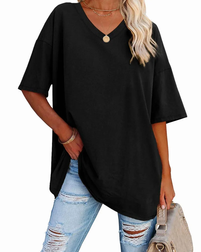 Ebifin Maglietta Oversize da Donna con Scollo a V Manica Corta Casual Sciolto di Base Estivo Magliette Camicetta