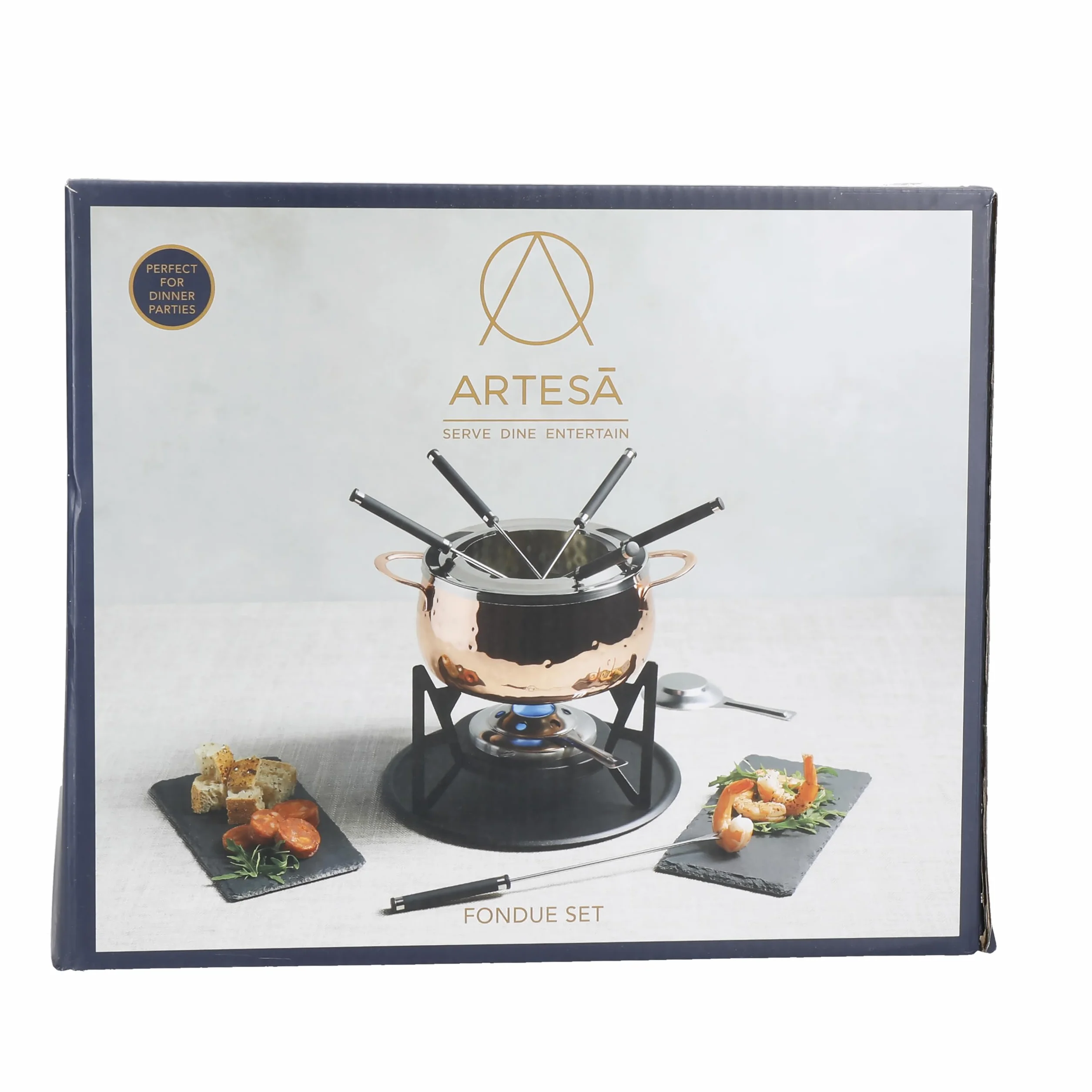 Artesà Set Fonduta Acciaio Inox Ciotola Ceramica Supporto Metallo Bruciatore Doppio Combustibile Cioccolato Formaggio Carne