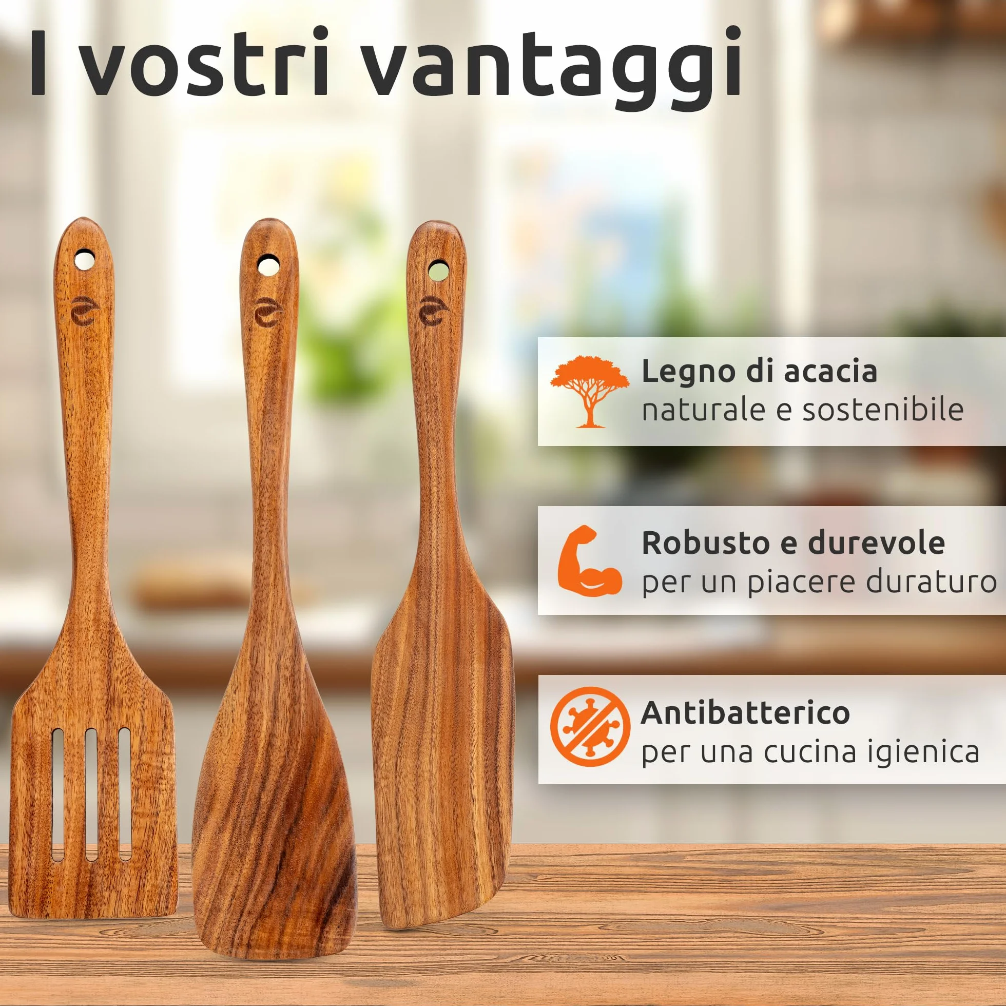 ECENCE Set di Spatole in Legno di Acacia 3 Pezzi - Resistenti al Calore per Padelle Antiaderenti