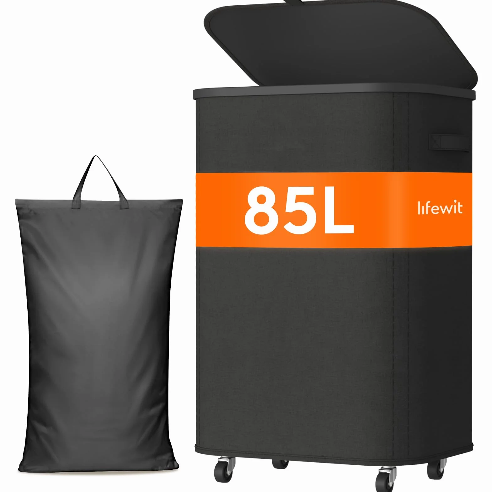Lifewit Cesto Porta Biancheria Sporca con Coperchio e Ruote, Portabiancheria Pieghevole con Sacco Rimovibile, Laundry Basket per Camera da Letto, Bagno e Lavanderia, 85L, Nero