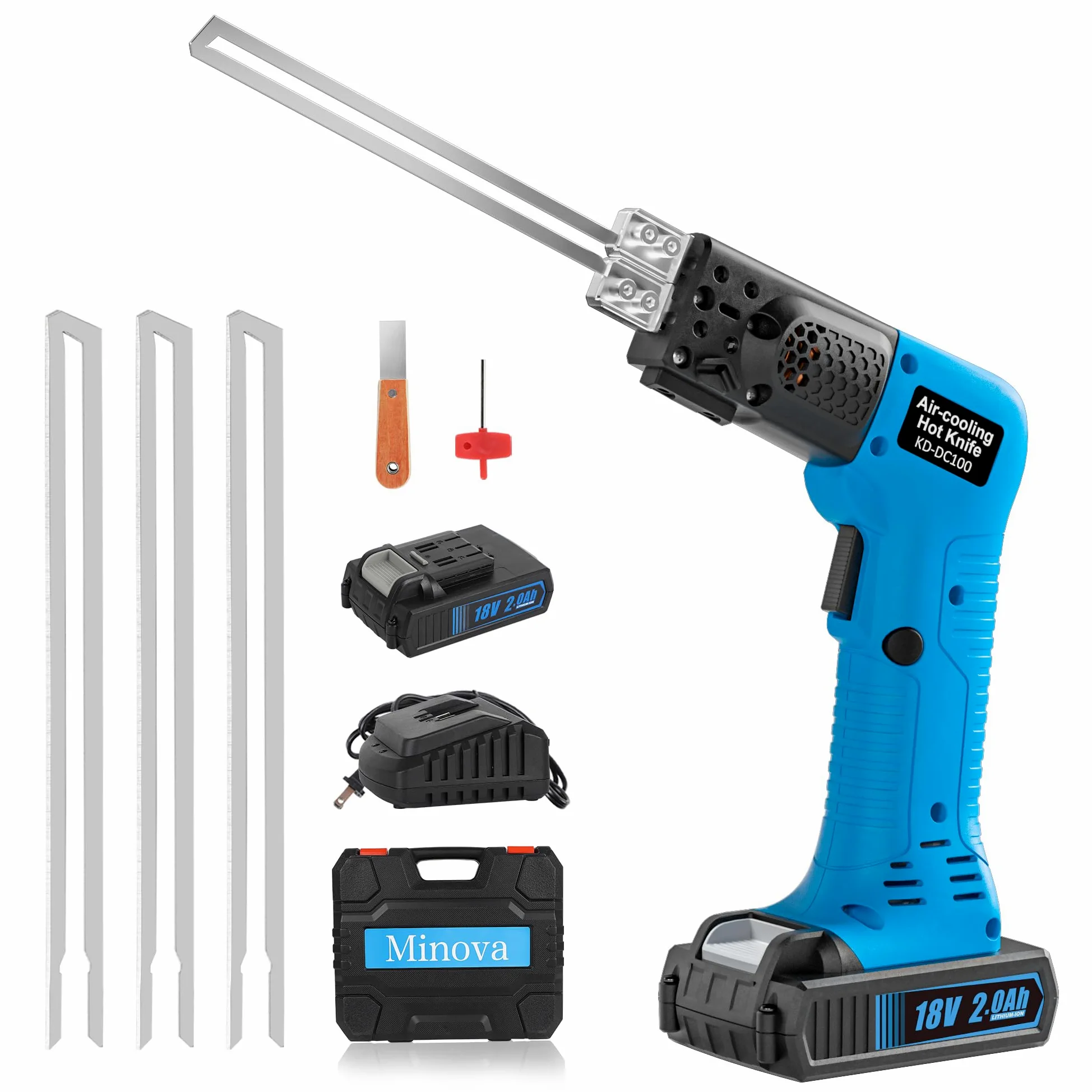 MINOVA Coltello elettrico elettrico senza fili, con 3 lame da 15,2 cm, con custodia resistente e una batteria da 18 V 2,0 Ah per EPP, EPS, XPS, EVA, EPE, PU, KT, spugna