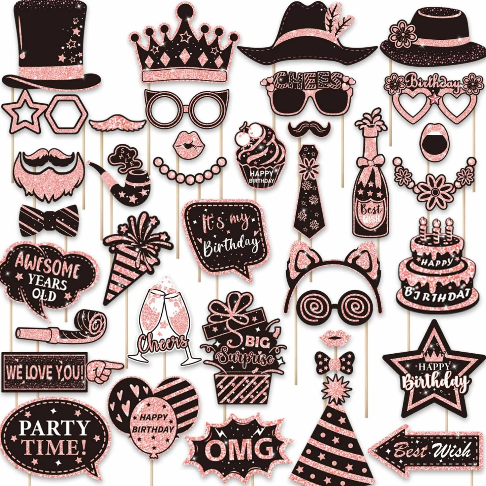 38 Pezzi Oggetti Scena per Cabine Fotografiche di Compleanno, Happy Birthday Party Favors Supplies Bday Party Decor, Photo Booth Funny Cute Selfie (Rosa)