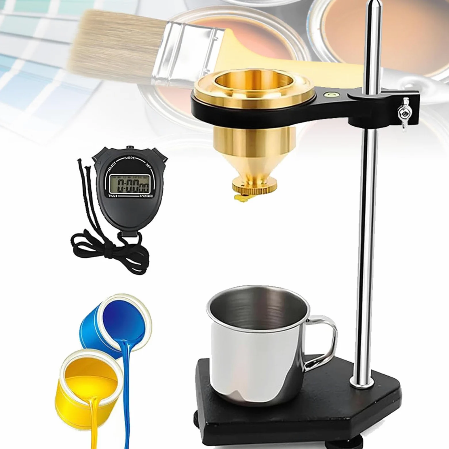 Viscosimetro per Vernici con Tazza di Flusso in Ottone, Tester di viscosità dei liquidi, Diametro ugello di Flusso 4 mm, Supporto Regolabile e cronometro, Tazza Ford di Flusso