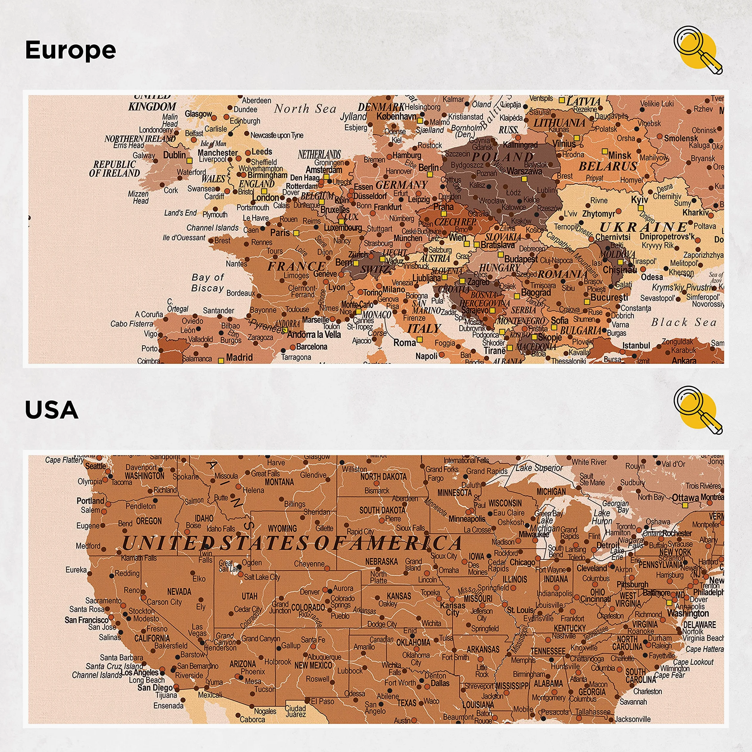 Trip Map Planisfero da Parete – Mappa del mondo - Quadro su tela incorniciato con 100 puntine incluse – Cartina geografica mondo in Marrone - 100x70 / 120x80 / 150x100 cm dimensioni