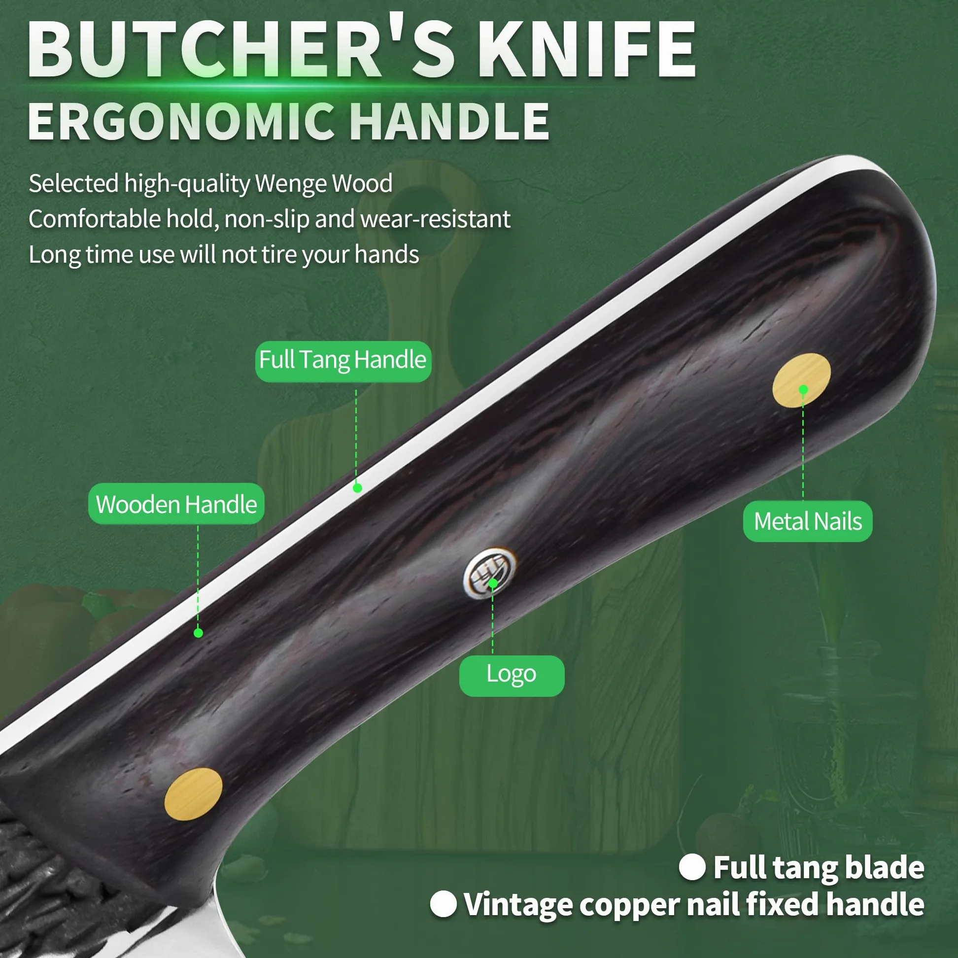 FULLHI Manico in legno Mannaia per carne pesante con fodero 2 pezzi, affettatrice in acciaio ad alto tenore di carbonio per la casa, il campeggio e il barbecue (Marrone, 17cm)