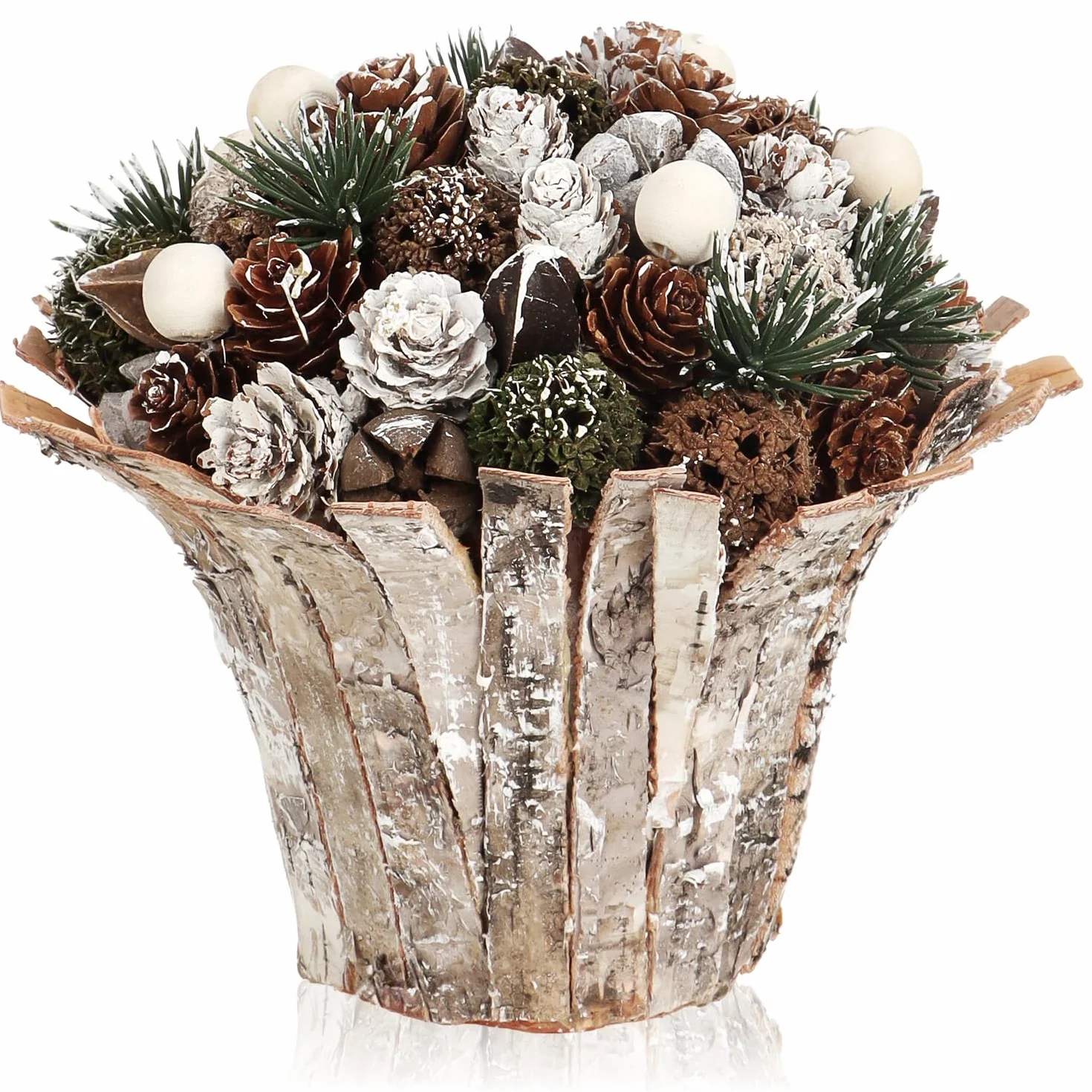 com-four® Composizione natalizia in vaso di fiori - diversi tipi di coni in vaso decorativo di corteccia - composizione floreale fatta a mano (1 pezzo - 18 cm - bianco - perle)