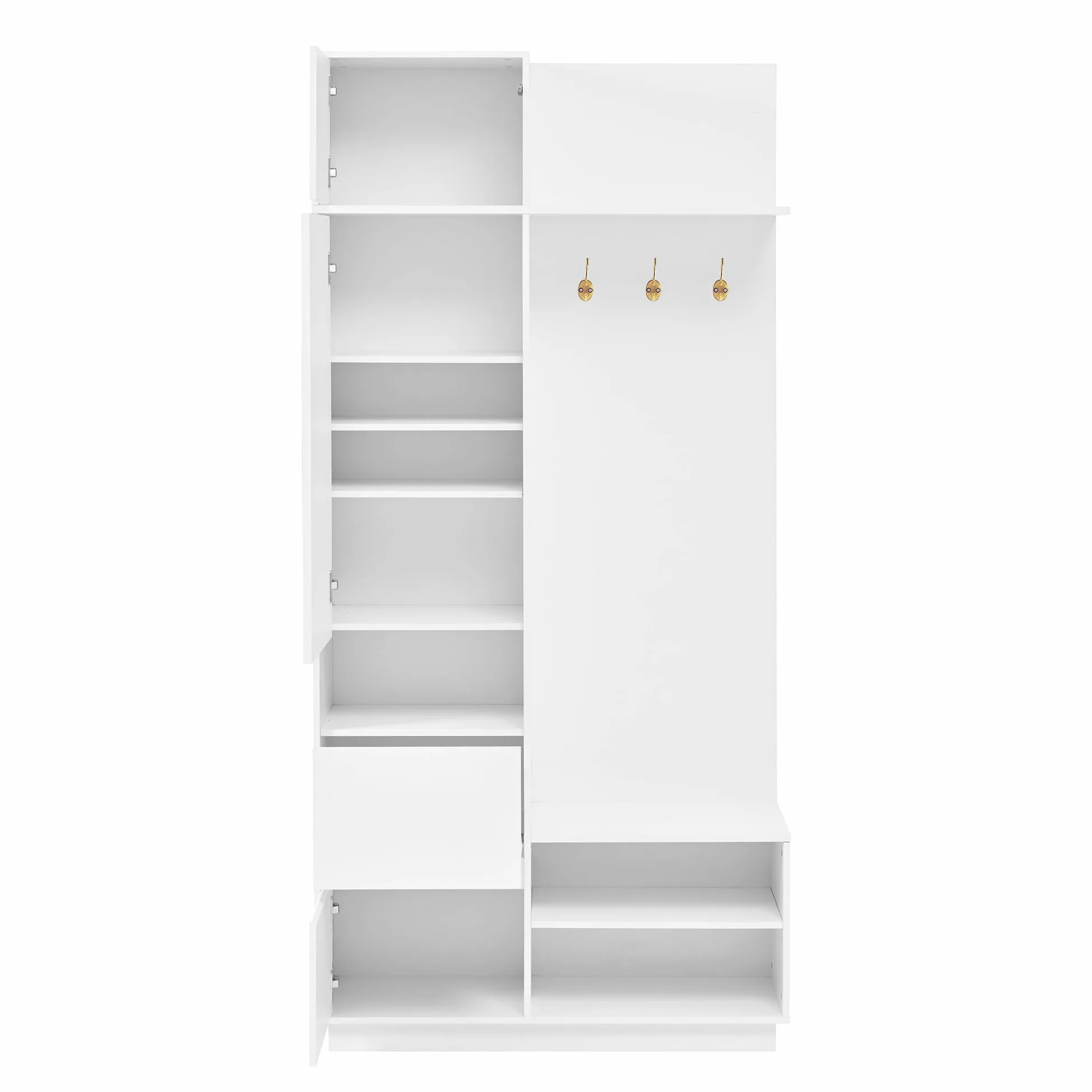 Appendiabiti compatto con specchio, panca, scarpiera, ganci, set di mobili da corridoio, bianco