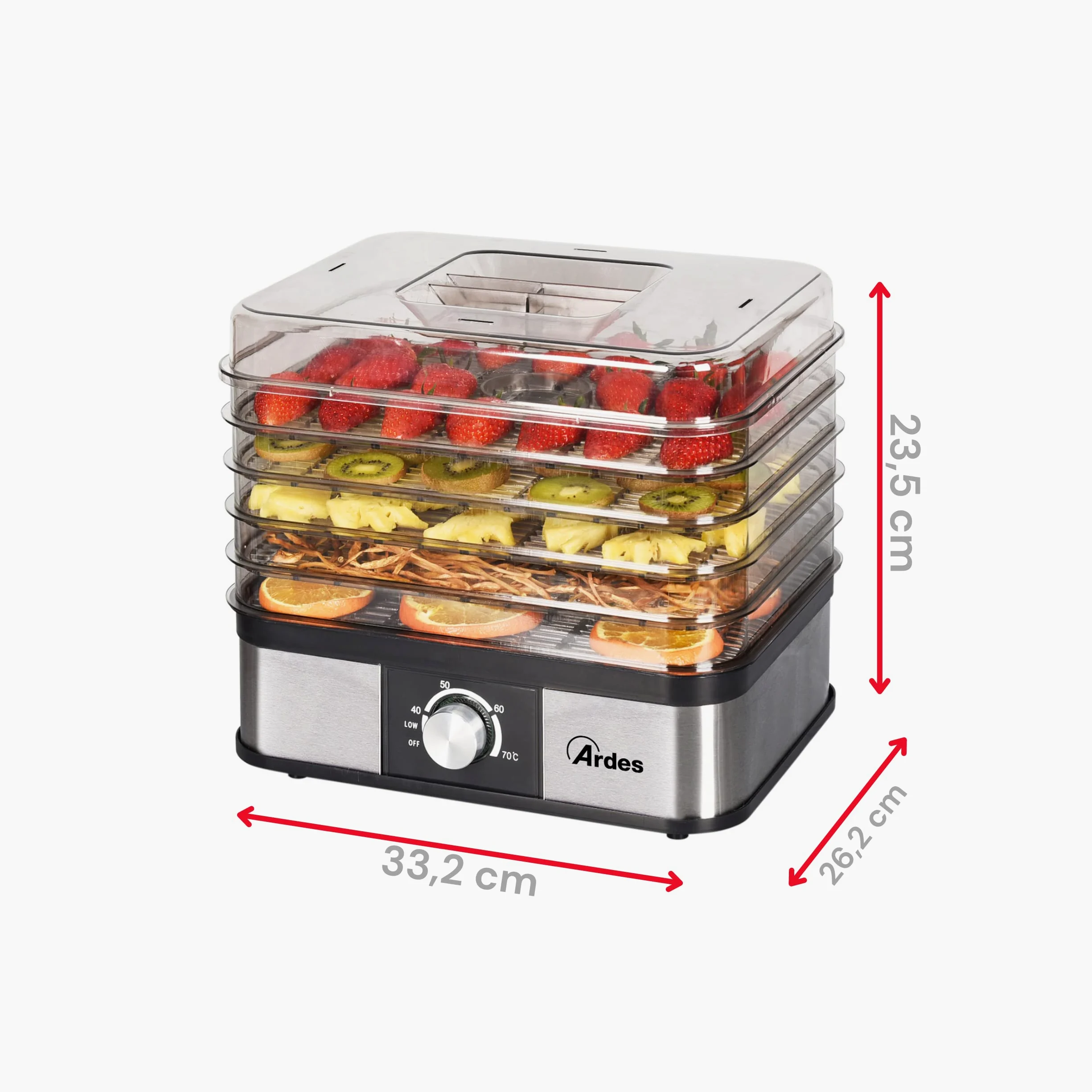 ARDES | AR1K15 Essiccatore Alimentare per Frutta Verdura Funghi Disidratazione Rapida - 5 Ripiani Lavabili, Temperatura Regolabile, 245 W, Plastica