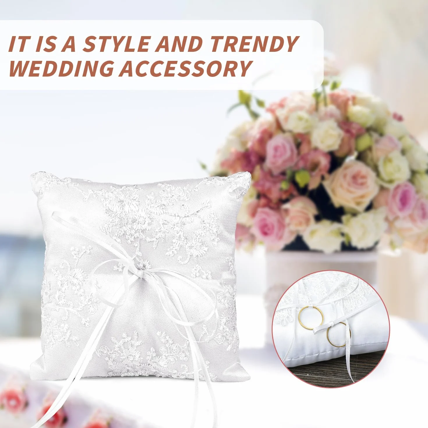 Cuscino Fedi Nuziali Bianco 15x15cm Porta Fedi con Nastro Matrimonio Decorazione