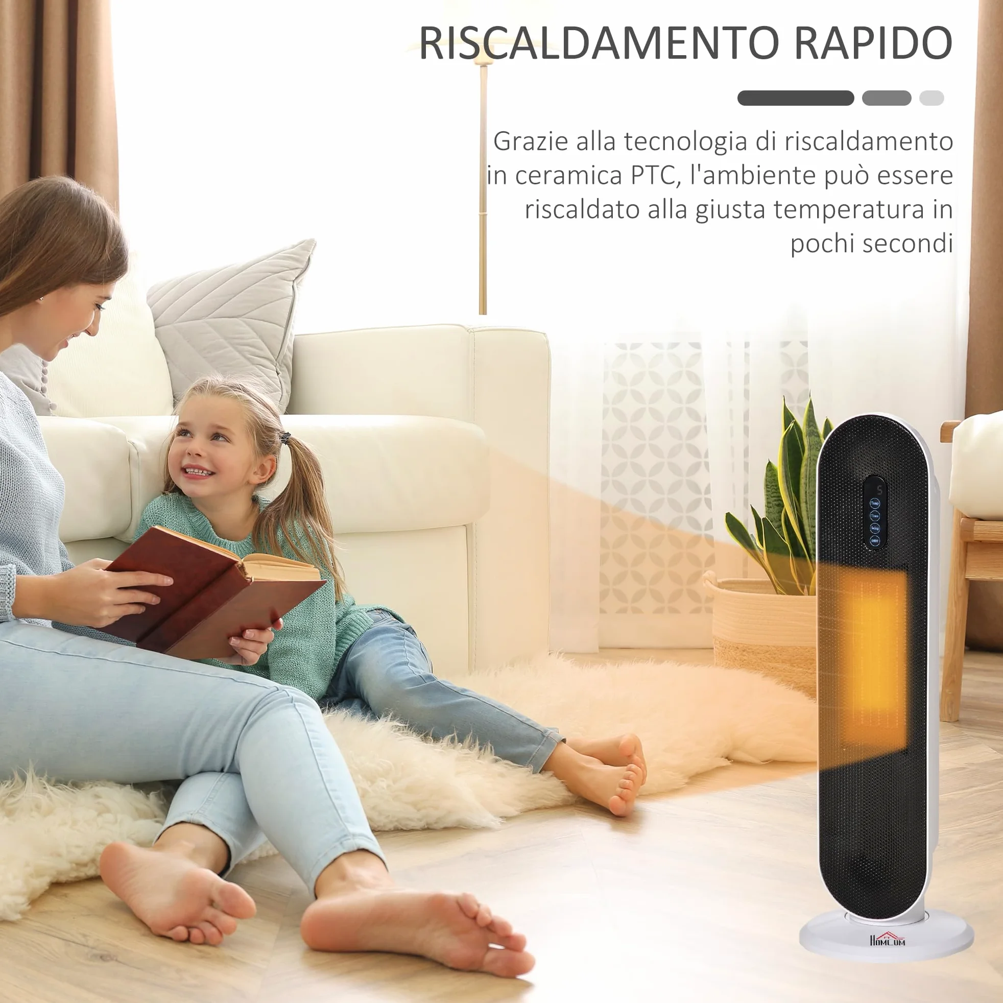 HOMCOM Stufa Elettrica Oscillante con Timer 21x21x63.5 cm Bianco e Nero | Con Telecomando, 2 Modalità, Stufetta Elettrica Basso Consumo in PTC, Protezione da Surriscaldamento e Antiribaltamento