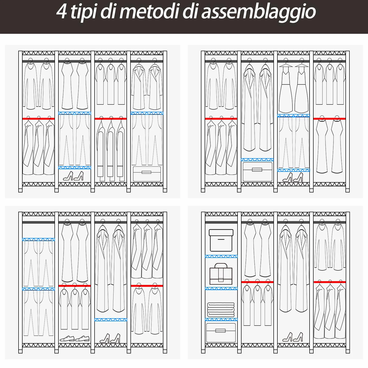 AQRA Stand Appendiabiti in Metallo, Altezza Del Ripiano Regolabile, Grande Capacità Guardaroba, 4 Metodi di Assemblaggio, per Appendere i Vestiti, Riporre i Vestiti, 193,5W×43,5D×195H (Nero)
