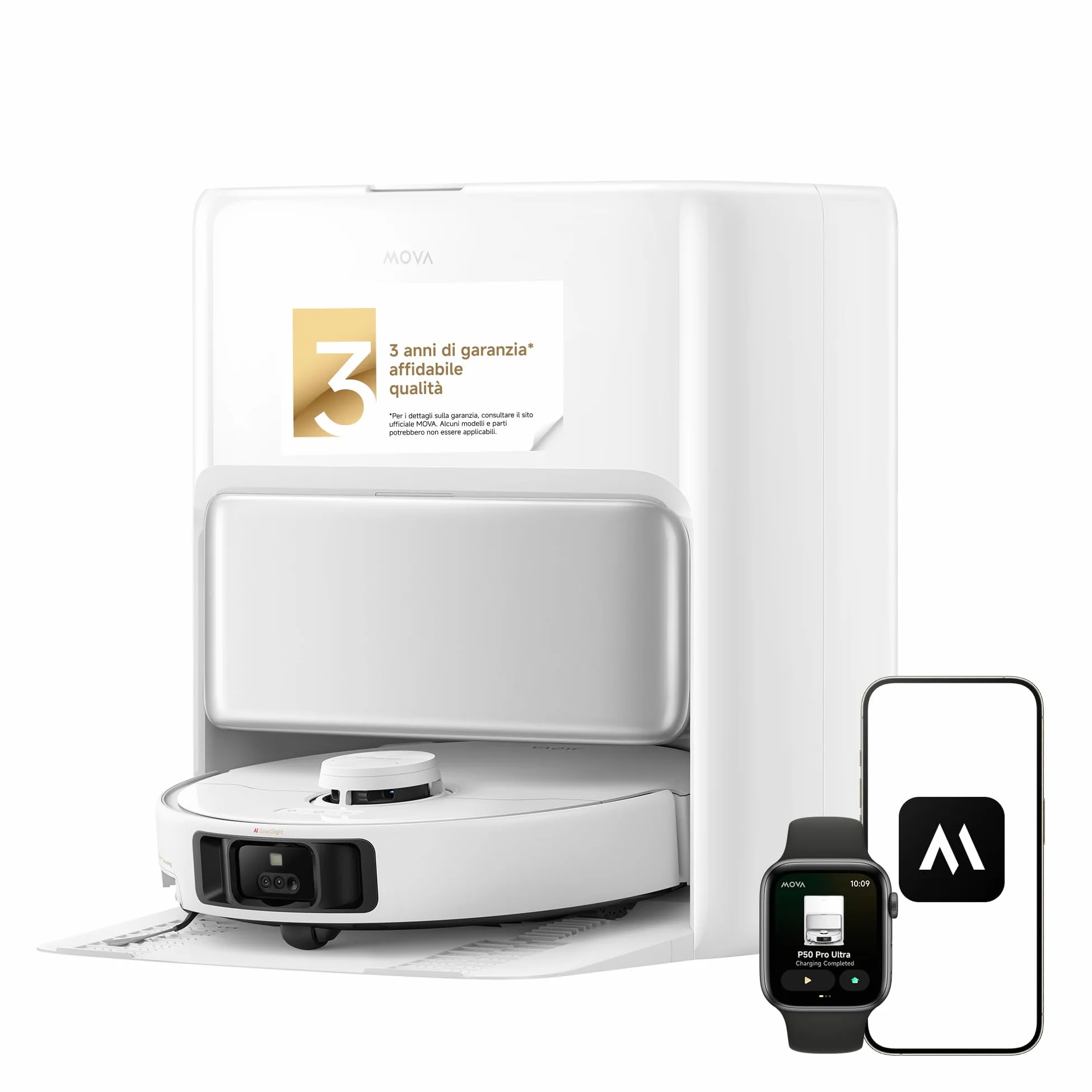 Mova P50 Pro Ultra Robot Aspirapolvere 19000 Pa con Mocio Flessibile, Spazzola Antigroviglio, Svuotamento e Pulizia Auto, Ostacoli Smart, Controllo Vocale, Video e App