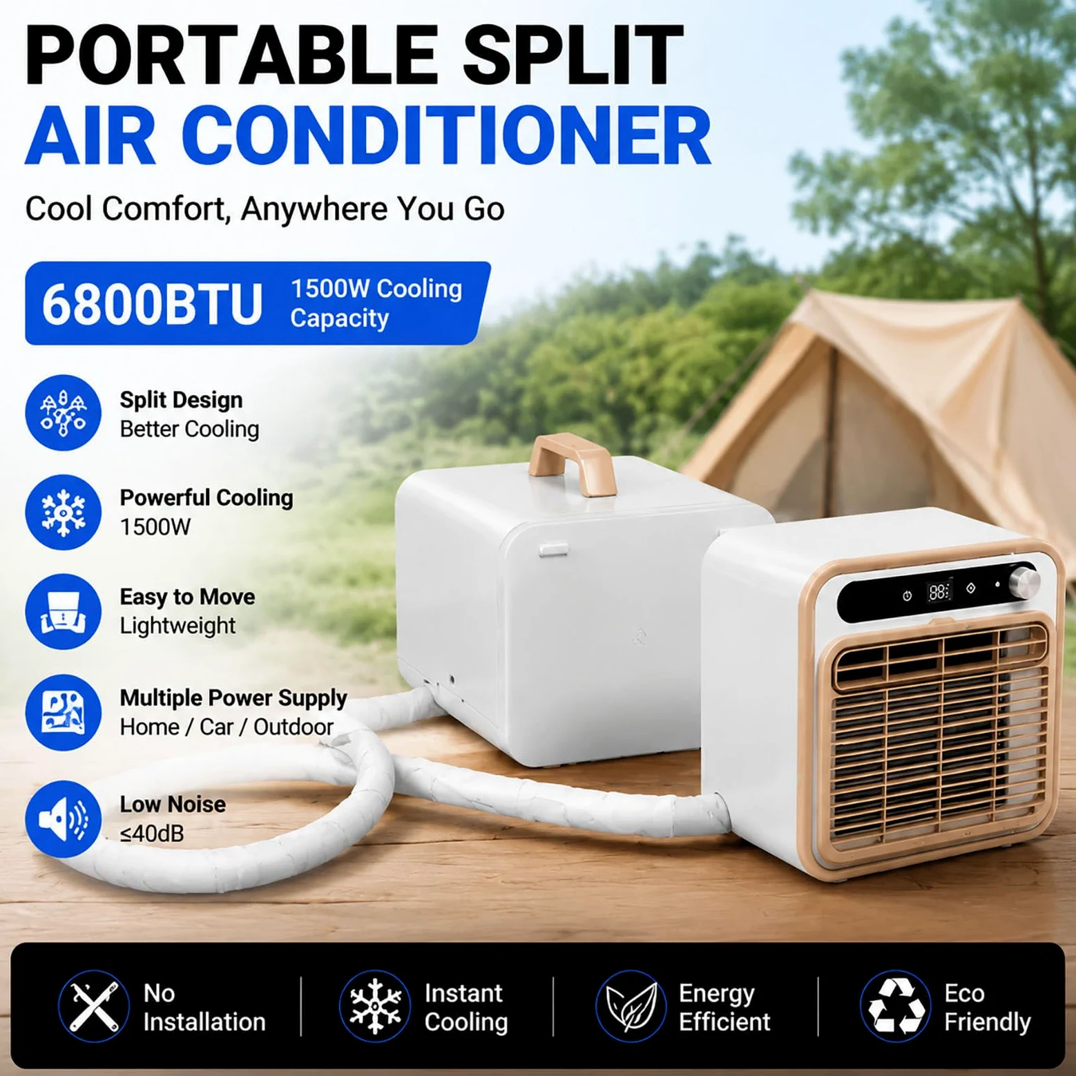 Condizionatore Portatile Split da 6800 BTU, climatizzatore Mobile Compatto con unità Esterna, Portata d'Aria di 130 m³/h, Telecomando; Ideale per Campeggio, roulotte, casa e Ufficio.