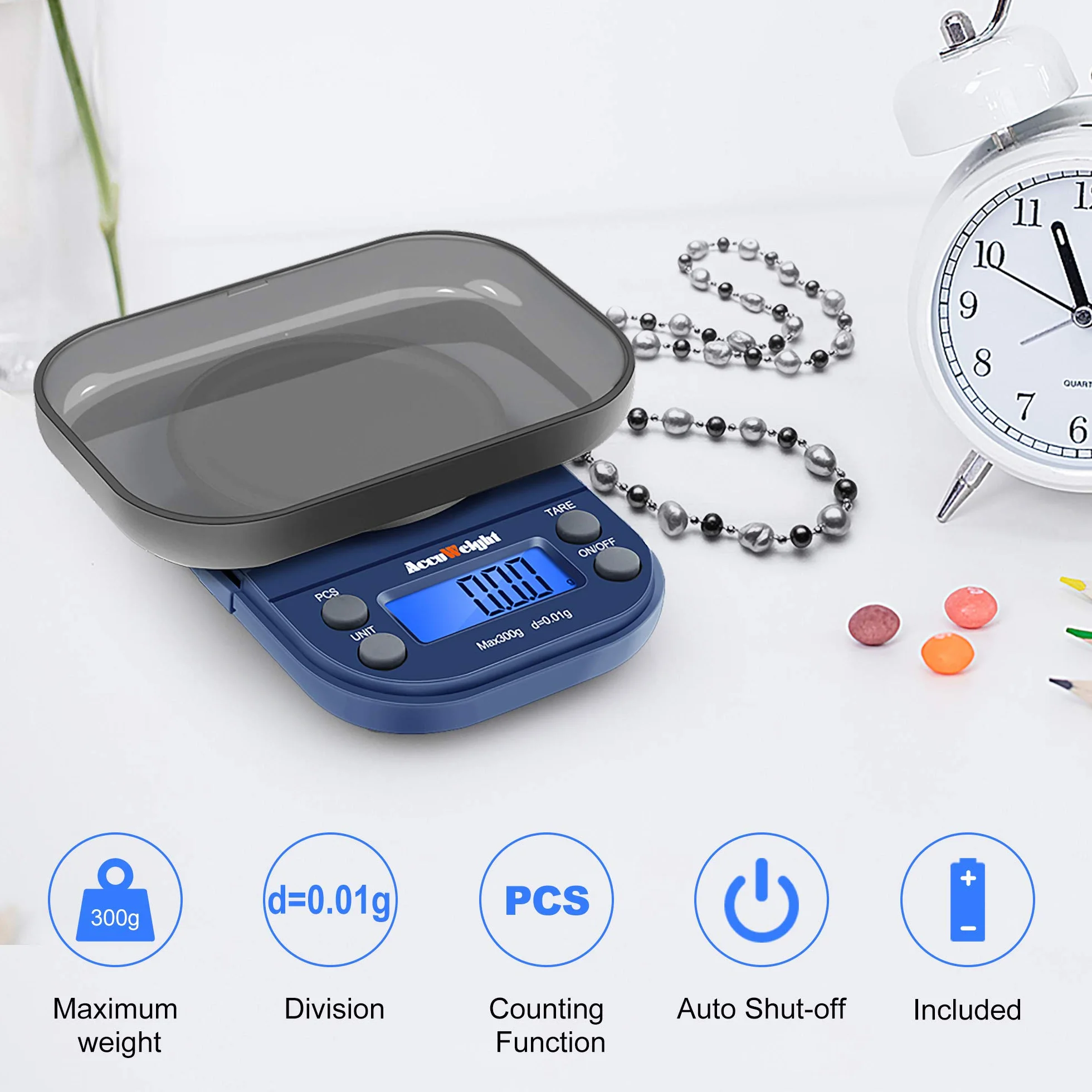 ACCUWEIGHT 255 Mini Bilancia di Precisione Digitale per Cucina Gioielli Oro Bilancia Tascabile Elettronica 300g/0,01g con Tara Alimenti Pesa Bilance