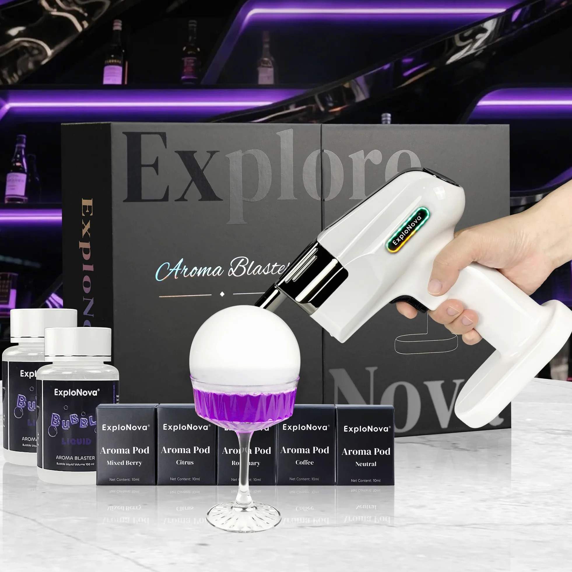 Aroma Blaster 2 Kit con 5 Pods Aroma Bolla commestibile Cocktail Bubble Smoke Gun, Whiskey Smoker Kit, perfetto per bar, feste e casa, ottimo regalo per padre e marito - Bianco