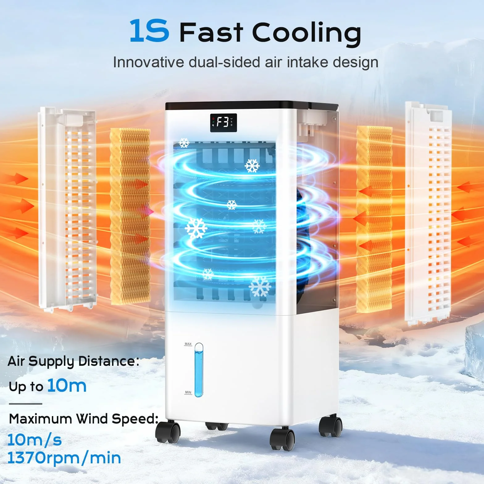 Condizionatore Portatile Senza Tubo Silenzioso, 60W Raffreddatore d'Aria 4 in 1, 4 Modalità 3 Velocità, Oscillazione 60°&120° Timer 1-12 H, con Telecomando, 4 Bottiglie di Ghiaccio per Casa e Ufficio
