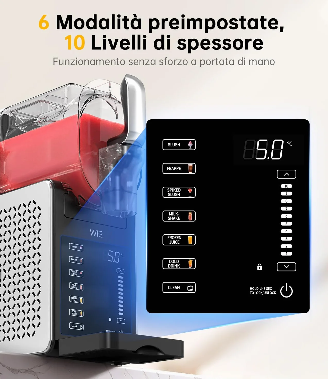 WIE Macchina per Granite 2.6L Autopulizia, 6 Modalità, Schermo Touch LED, per Margarita/Cocktail/Milkshake/Frappé