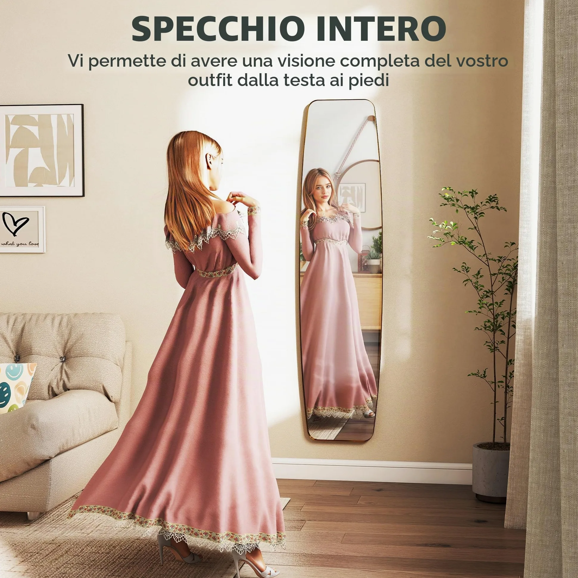 HOMCOM Specchio da parete, 160 x 40 cm, con angoli arrotondati, finestra con cornice in metallo, decorazione per corridoio, camera da letto, soggiorno, oro