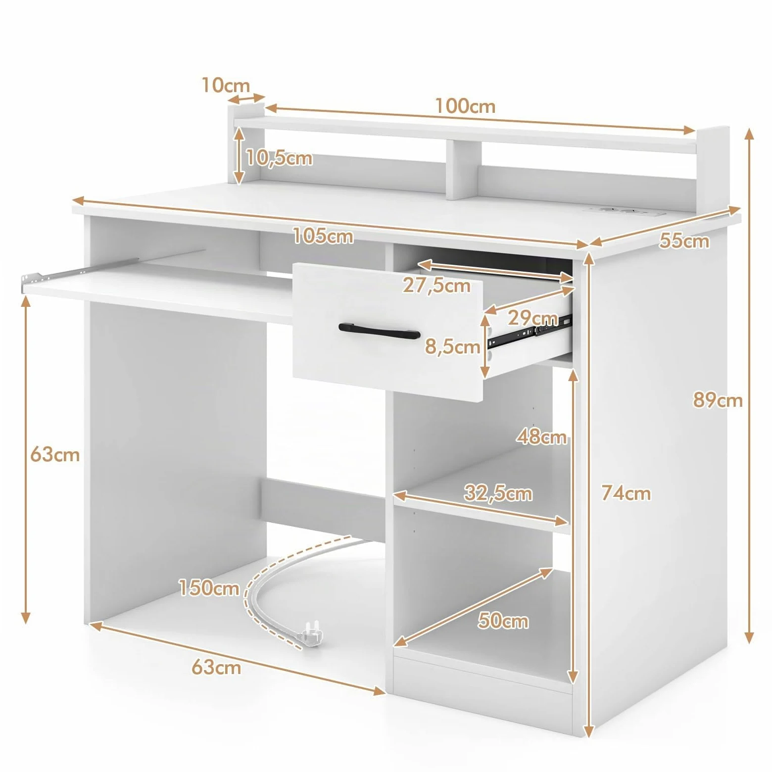 LIFEZEAL Scrivania Ufficio per Computer, con Cassetto, Supporto di Monitor, Vassoio per Tastiera, Salvaspazio, Postazione di Lavoro, Scrittoio, Tavolo Porta PC, Laptop, in Legno, Max 45kg, Bianco
