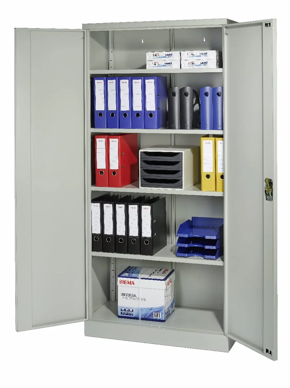 Sigma Armadietto per Documenti in Metallo, 92x42x195 cm, 2 Ante Battenti, 4 Ripiani Regolabili (50 kg Ciascuno), Serratura a Chiave, Maniglia Rotante, Ideale per Ufficio, Garage ed Esterni, Grigio