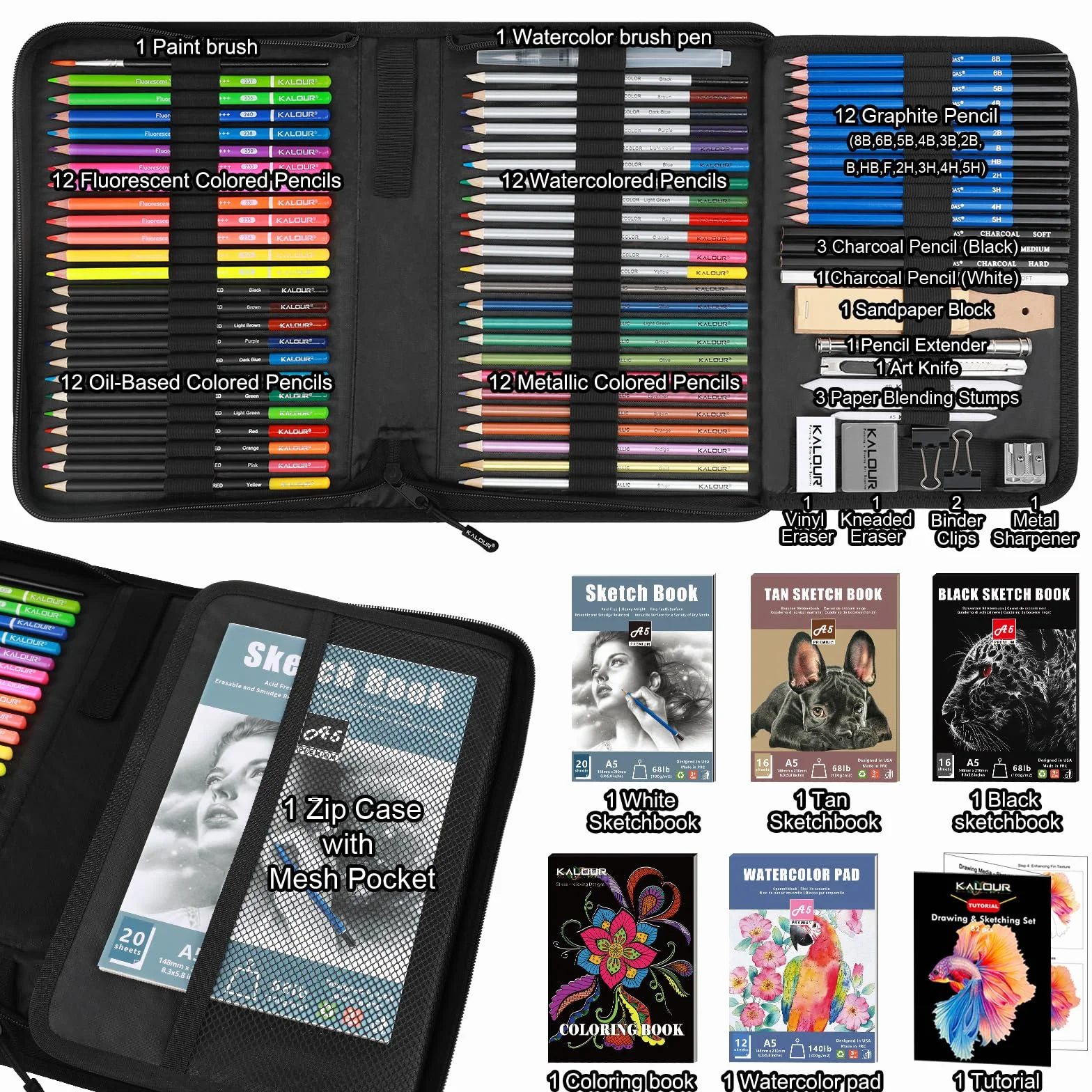KALOUR PDAS 82 Set da disegno Kit per schizzi, Forniture artistiche professionali con matite fluorescenti, colorate, acquerellabili, metalliche, in grafite, carboncino,5 album da disegno e da colorare