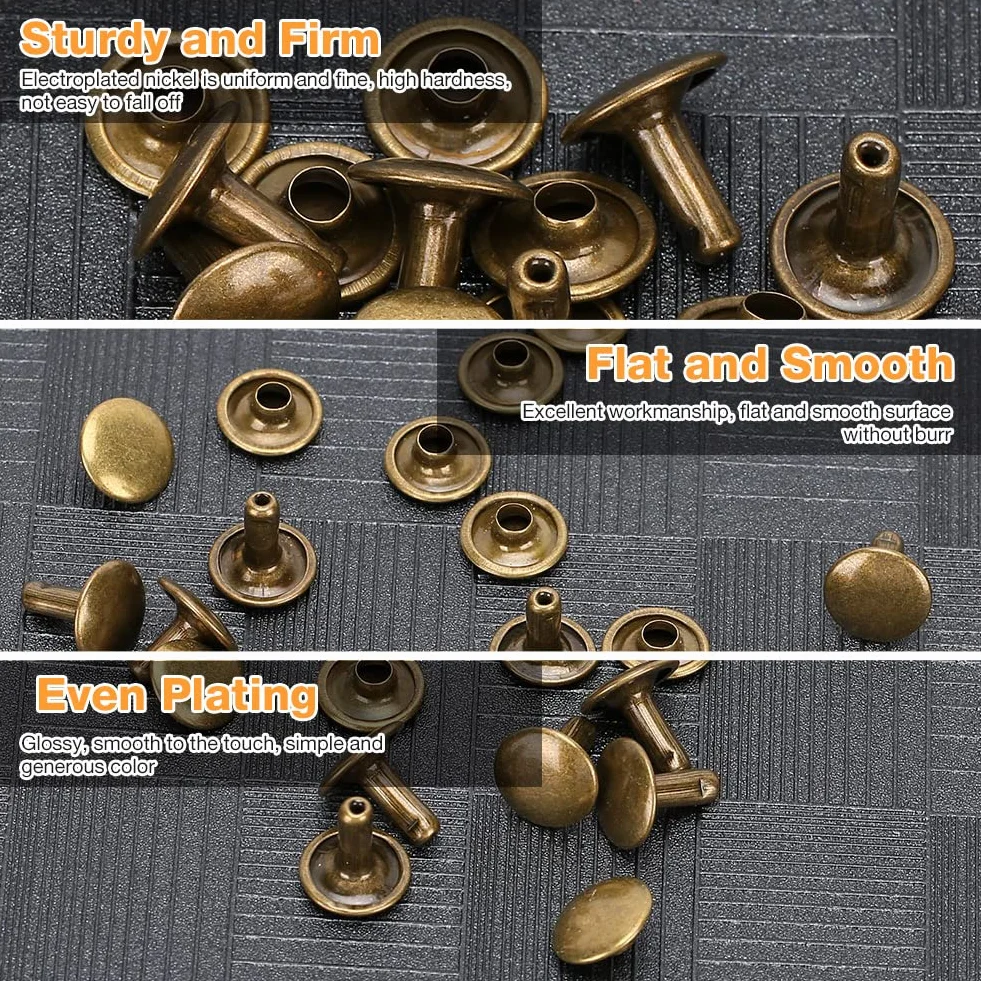 Set di 200 Rivetti in Metallo a Doppio Cappuccio, 10x10mm, Bronzo, per Riparazioni in Pelle, Borse, Cinture, Scarpe, Decorazione