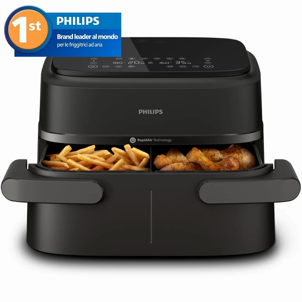 Philips Airfryer Serie 1000, Friggitrice ad aria con singolo/doppio cestello flexi da 7.1L e separatore, doppia resistenza e termostasti separati, RapidAir, 10 modalità, compatto, HomeID (NA154/00)
