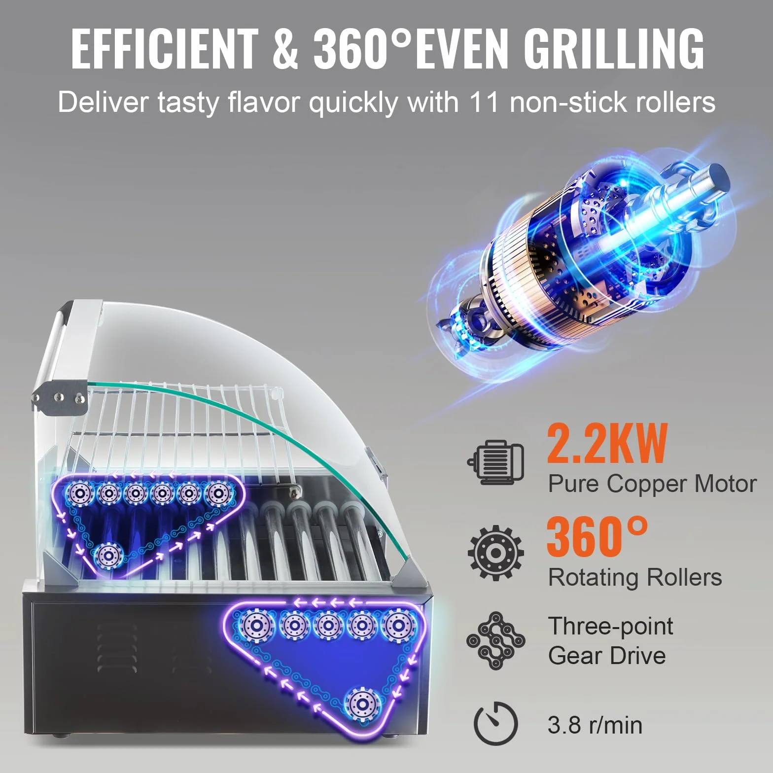 VEVOR Rullo per Hot Dog, 11 Rulli, Macchina per Grigliare Salsicce in Acciaio Inossidabile con Doppio Controllo della Temperatura, 30 Hot Dog, 2,2KW Coperchio Hot Dog Ripiano Riscaldante per Panini