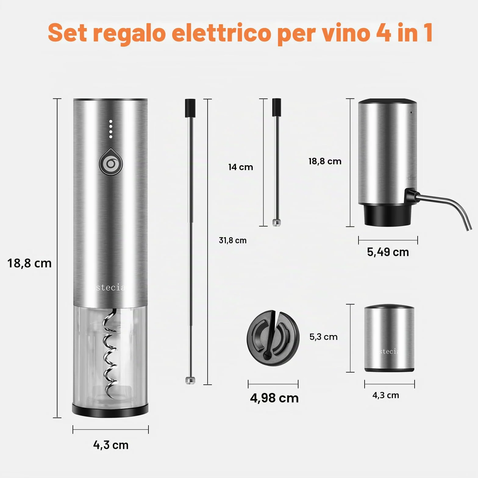 Cavatappi Professionale Elettrico per Vino, Apribottiglie 4 in 1 Ricaricabile con Versatore Automatico, Taglierina per Lamine, Tappi Sottovuoto