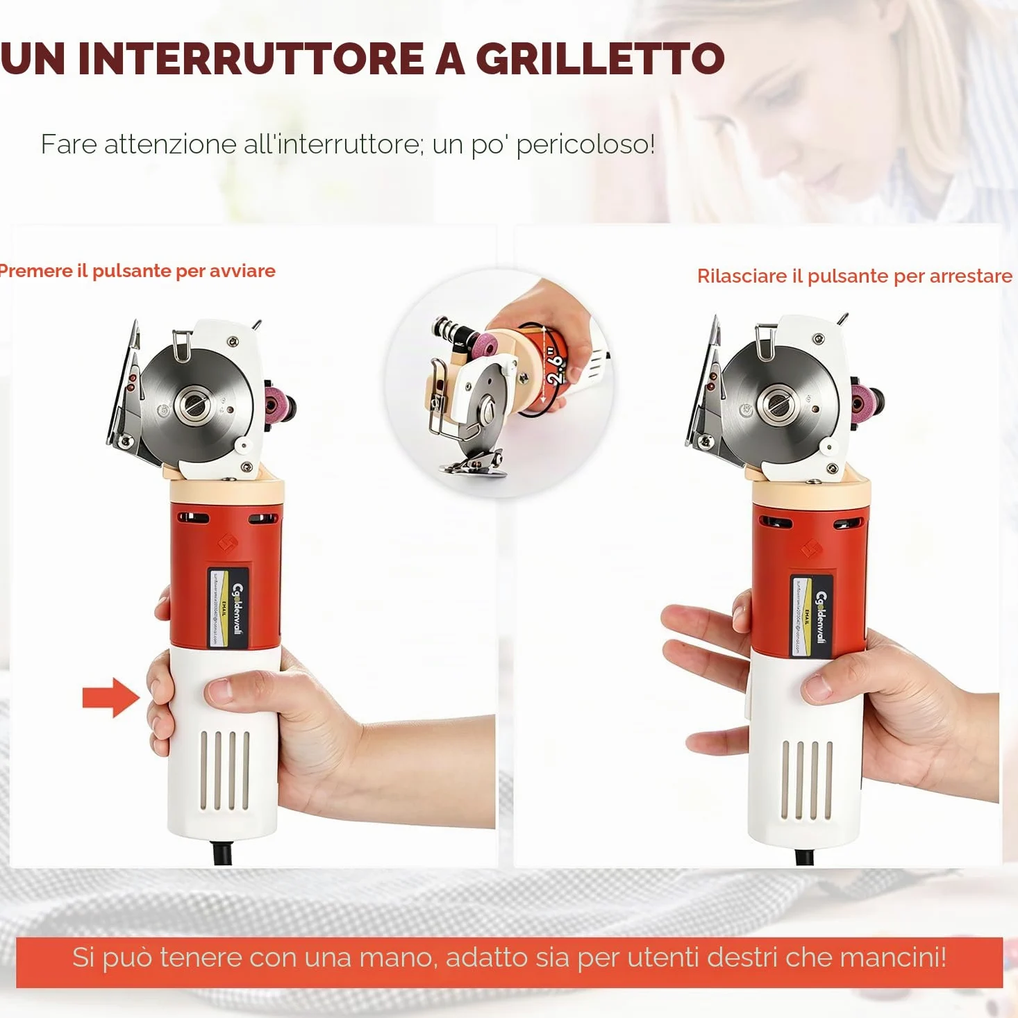 CGOLDENWALL Forbici Elettriche per Tessuti 170W con Rotella di Affilatura Automatica, 1 Lama di Ricambio da 22mm (0,87 pollici) max. Taglio per Pelle, Cartone, Moquette YJ-65