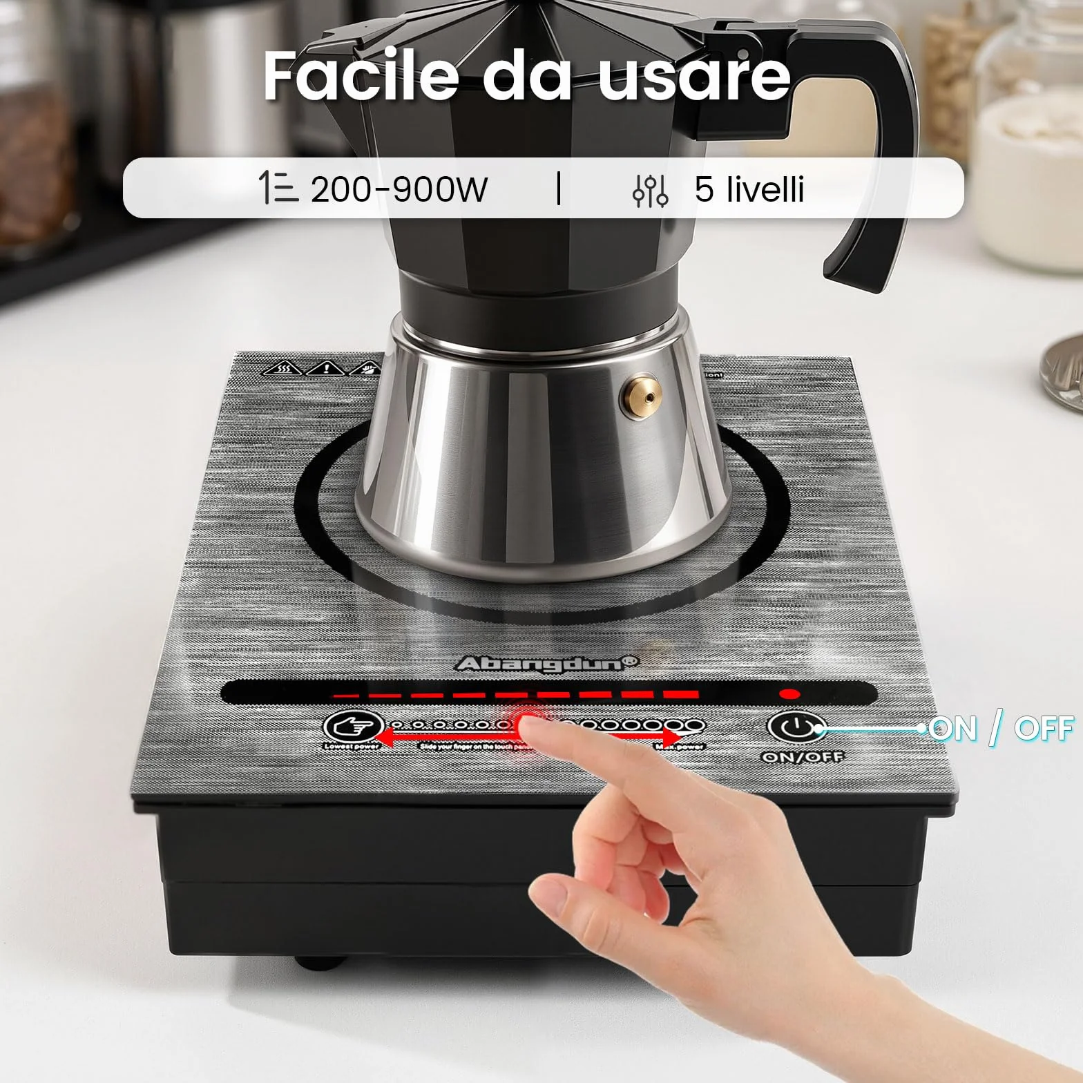 Mini piastra a induzione portatile 900W, piano a induzione 1 fuoco con 5 livelli di potenza, 100-900 Watt piastra elettrica per rimorchi da campeggio, campeggio