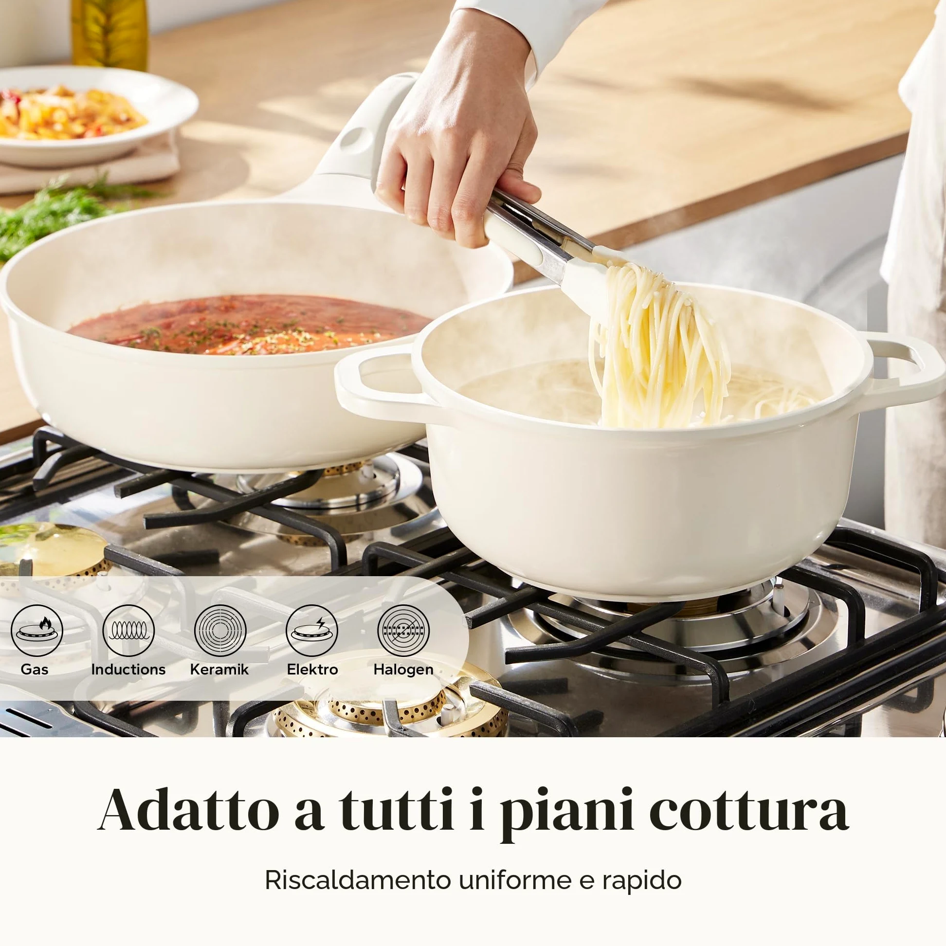 Redchef Set di 11 pentole in ceramica con coperchio in vetro - Senza PTFE - Senza PFAS - Adatto a tutti i tipi di piano cottura - Lavabile in lavastoviglie (beige)