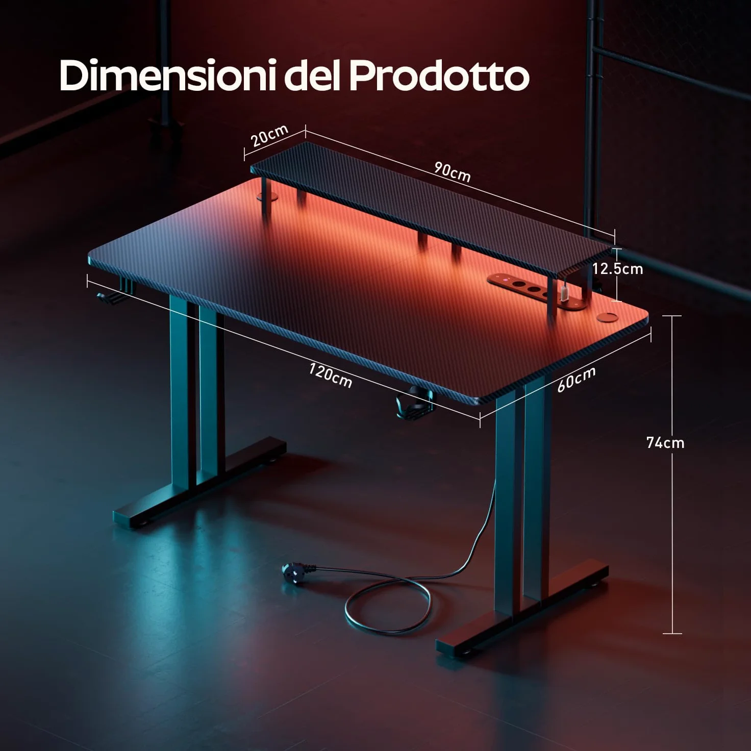 HLFURNIEU Scrivania Gaming LED 120 x 60 cm, Tavolo Gamer con Presa di Corrente e Supporto per Monitor, Postazione Gaming con Porta Bicchiere e Gancio per Cuffie, Superficie in Fibra di Carbonio, Nero
