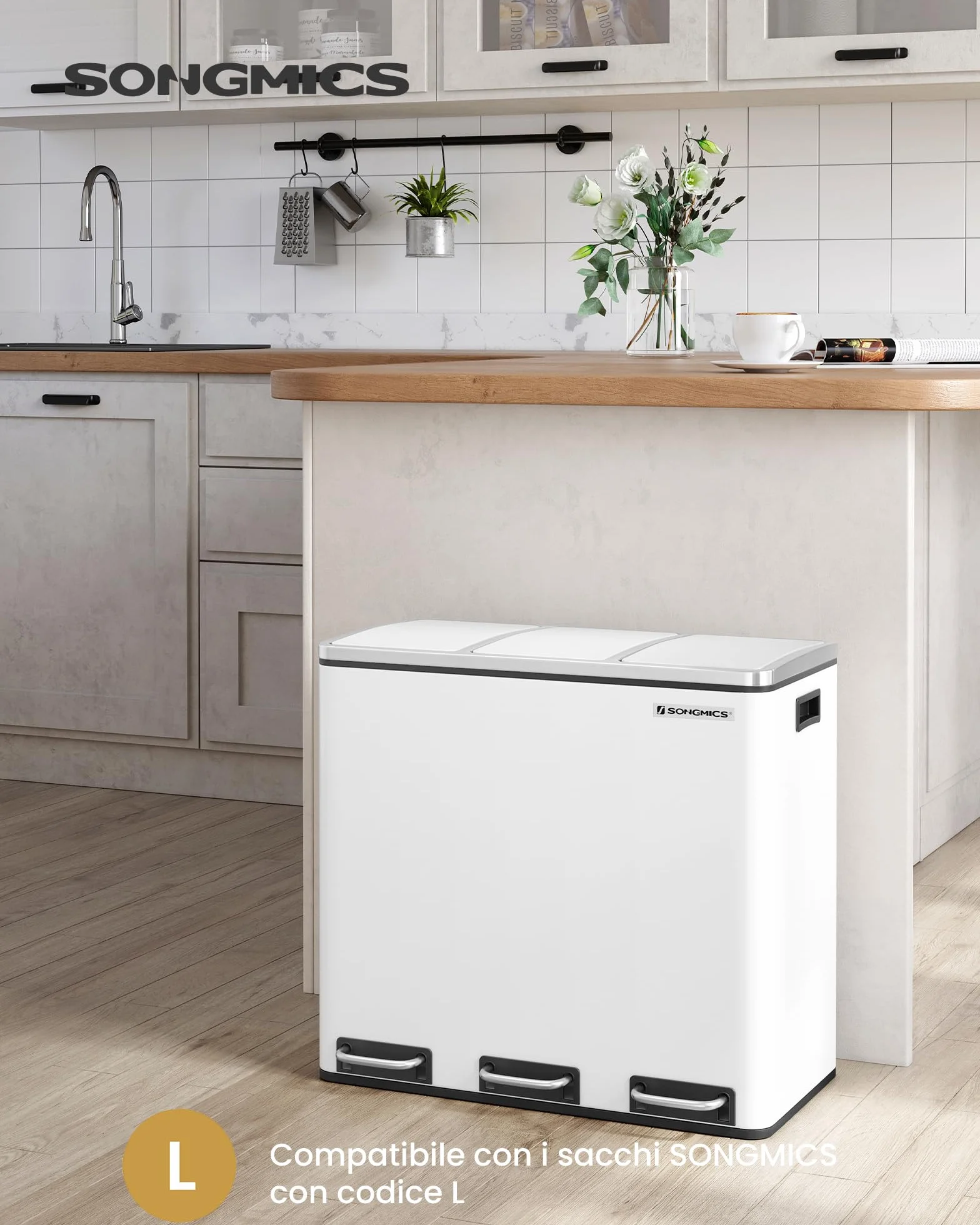 SONGMICS Cestino da Cucina, Pattumiera per Raccolta Differenziata 3 x 18L, 3 Scomparti per Riciclaggio, Coperchi a Chiusura Morbida, Pedali, Acciaio, Bianco Nuvola LTB54WT