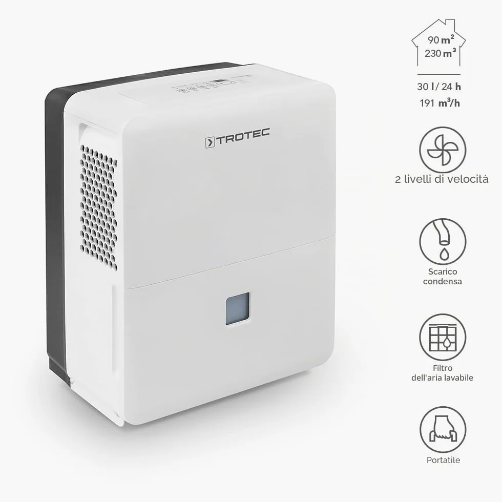 TROTEC Deumidificatore elettrico TTK 96 E – potenza 30 L/giorno – superficie 90 m² / 230 m³ – deumidificatore per ambienti – per appartamenti e camere da letto
