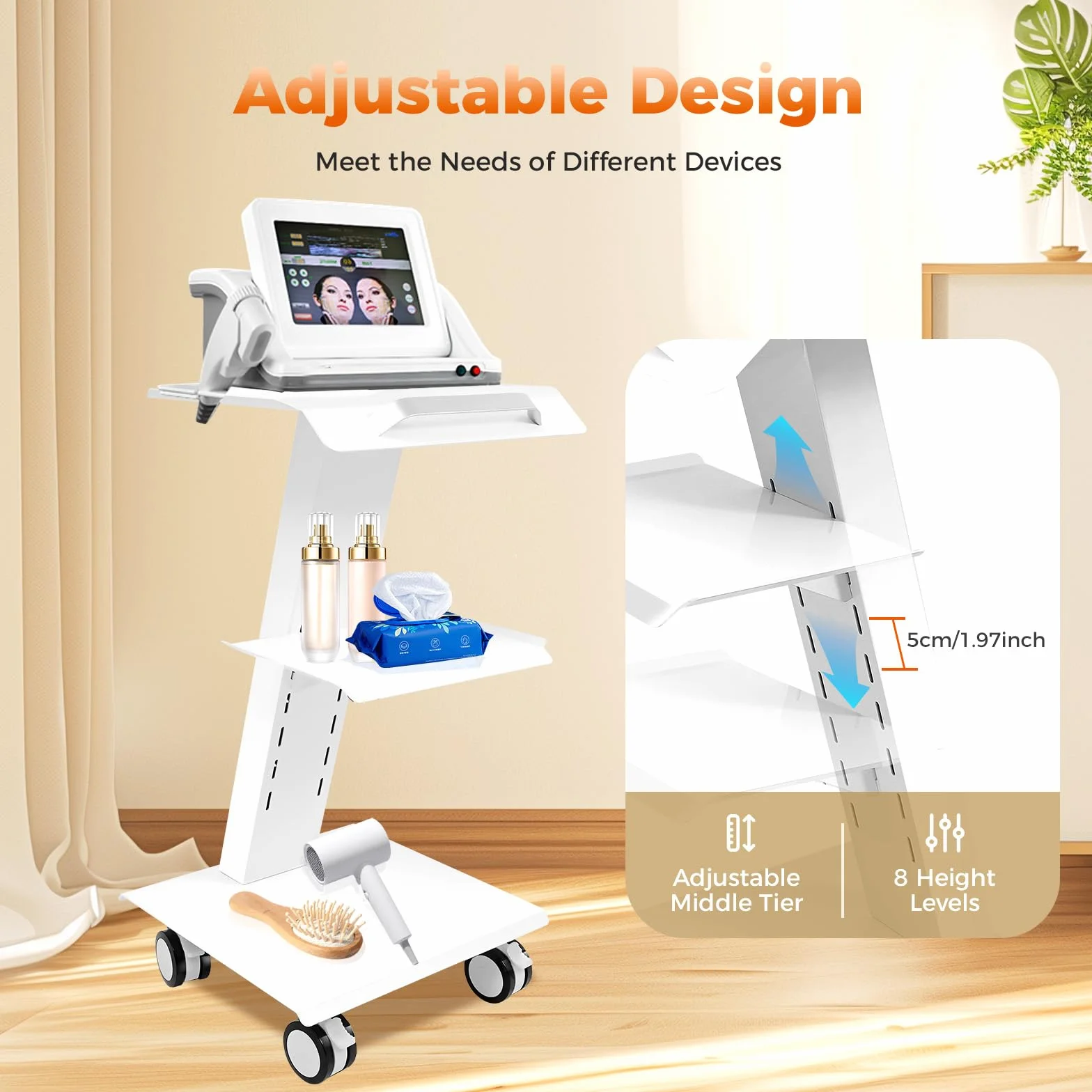 Carrello Estetista con Tre Strati, Carrelli Portaoggetti Parrucchieri con 3 Prese, Freno, per Cosmetici, 410 x 360 x 770 mm