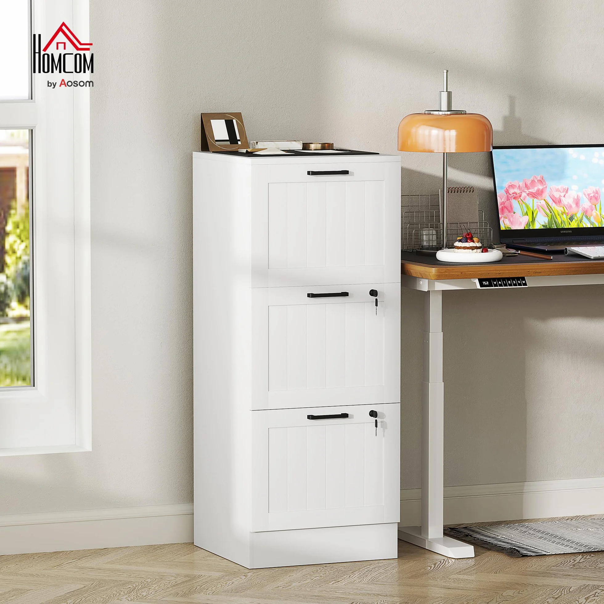 HOMCOM Cassettiera da scrivania con 3 cassetti e serrature, mobile per ufficio con barre di sospensione regolabili per documenti, cassettiera compatta per ufficio o camera da letto, 40x40x101 cm