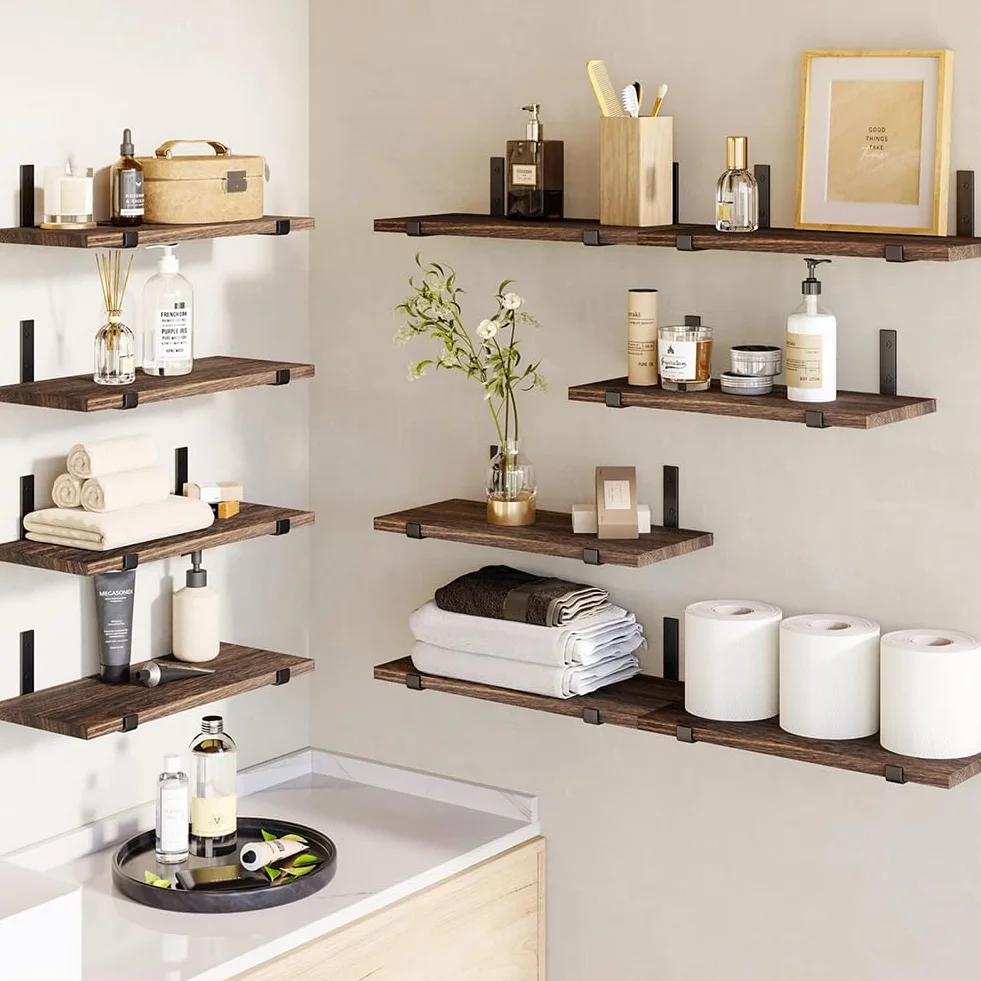 Mensole galleggianti da Parete in Legno 40 x 15 cm, Scaffali a Muro Multiuso con Staffe in Metallo, Set 10, Rovere