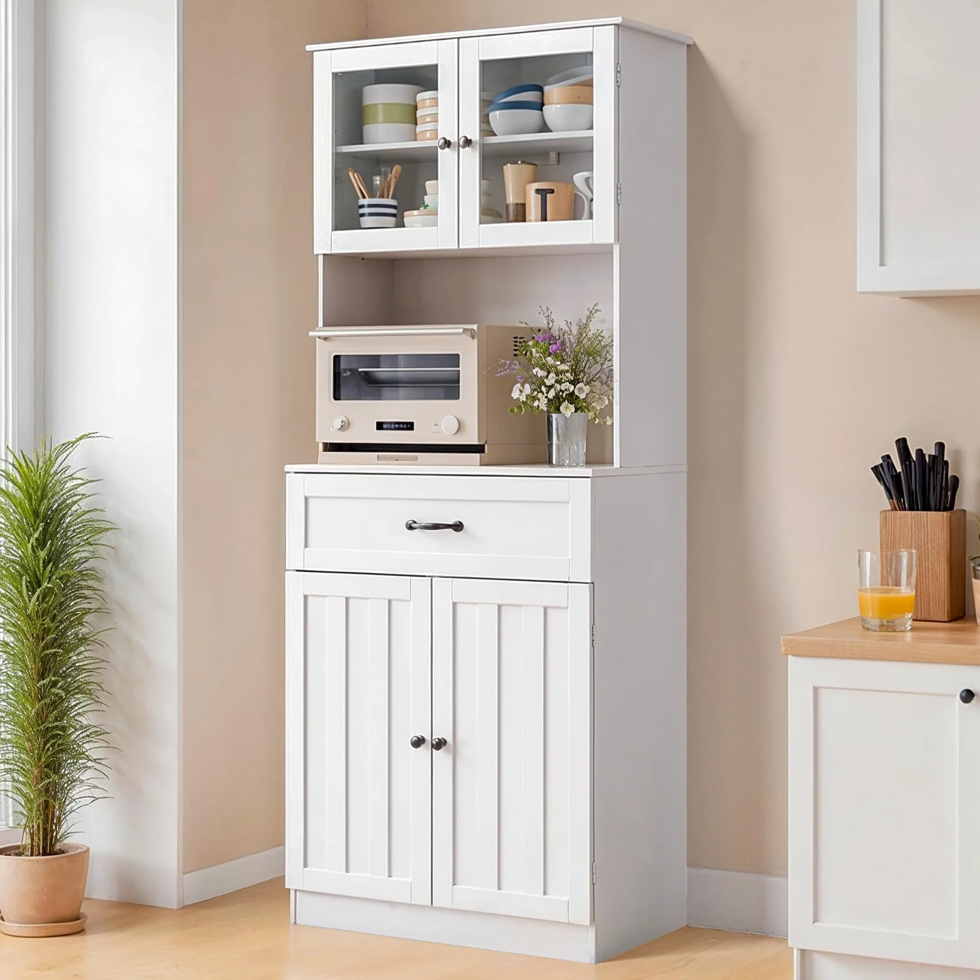 Credenza Cucina Alta,Mobile Dispensa Cucina,Armadio Buffet con 4 Ante e 1 Cassetti,con Ripiani Regolabili Scaffale per Microonde,73 x 40 x 180CM, Bianco
