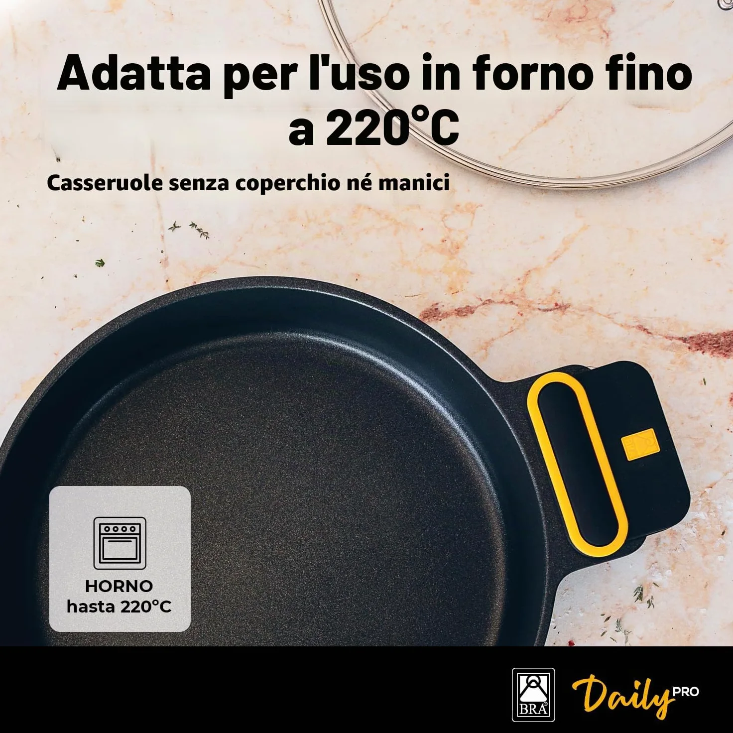 BRA Daily Pro | Casseruola bassa 36 cm, alluminio fuso | Antiaderente Senza PFOA, Adatta a tutti i tipi di piani cottura e induzione, Nero, Giallo