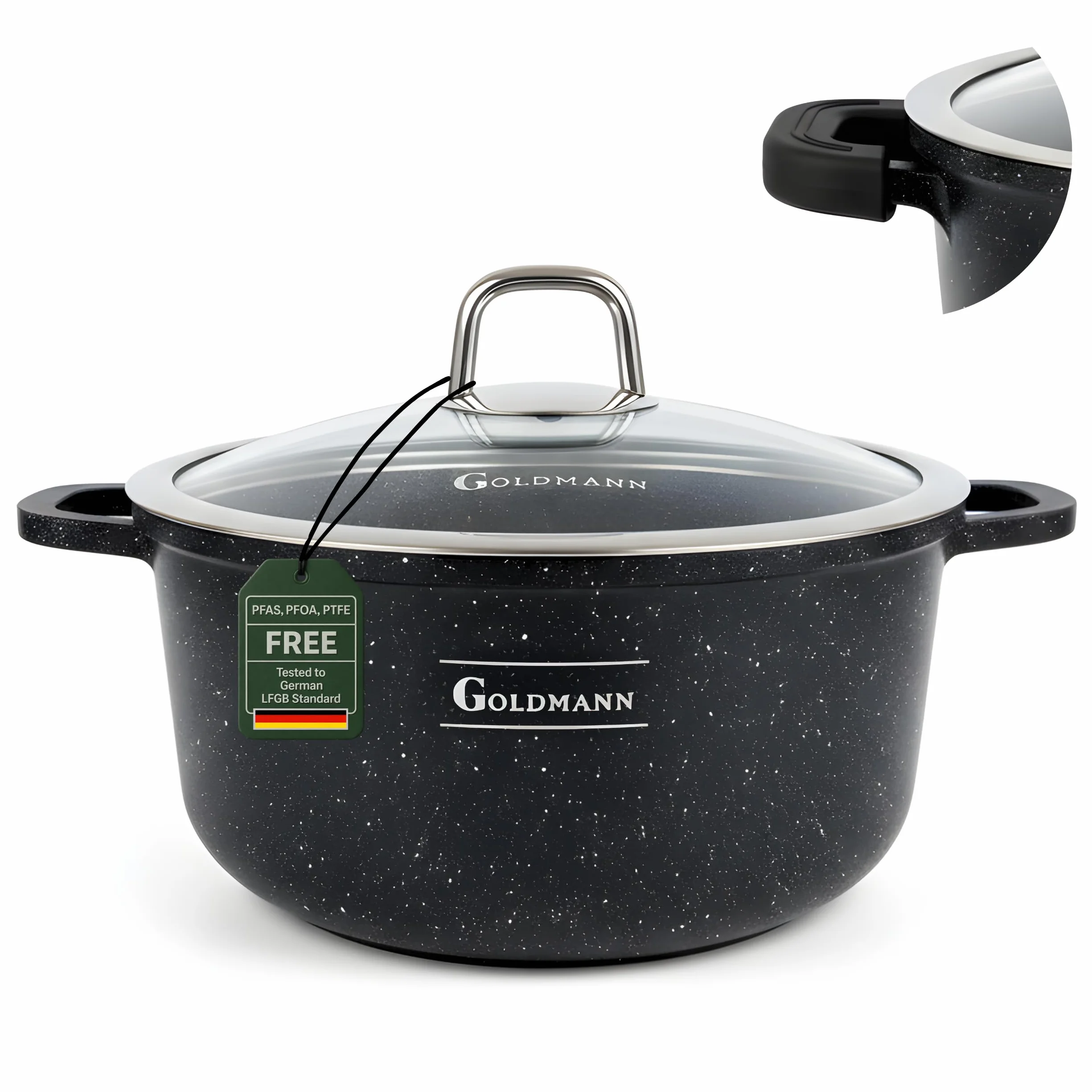 GOLDMANN Pentola da 28 CM con Coperchio in Vetro, 6.5L in Alluminio Pressofuso, Rivestimento Antiaderente in Marmo Ceramico, Adatta a Tutti i Piani Cottura, Senza PFOA/PFAS
